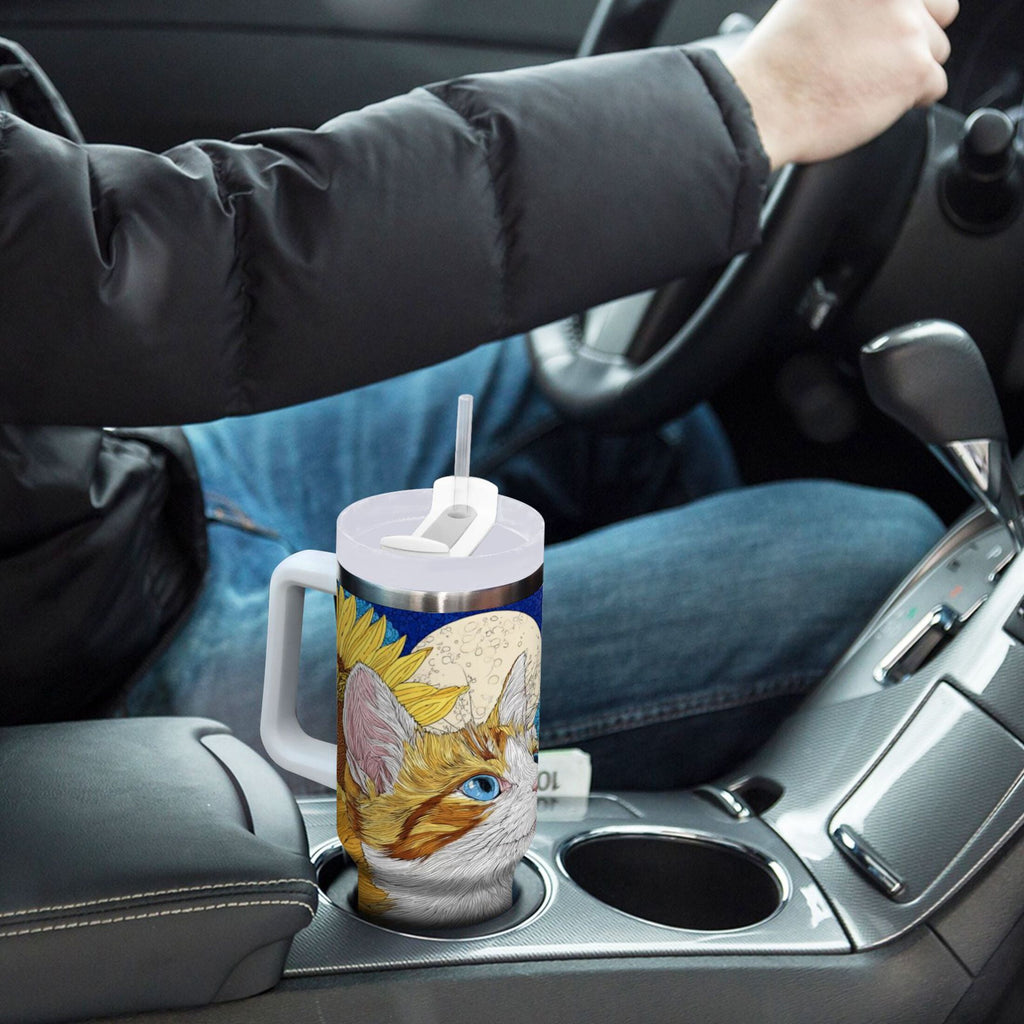 40 oz Insulated Stainless Steel Tumbler Double Wall Stainless Steel Tumbler with 2-Way Drinking Cat Lies in The Sunflowers M651U