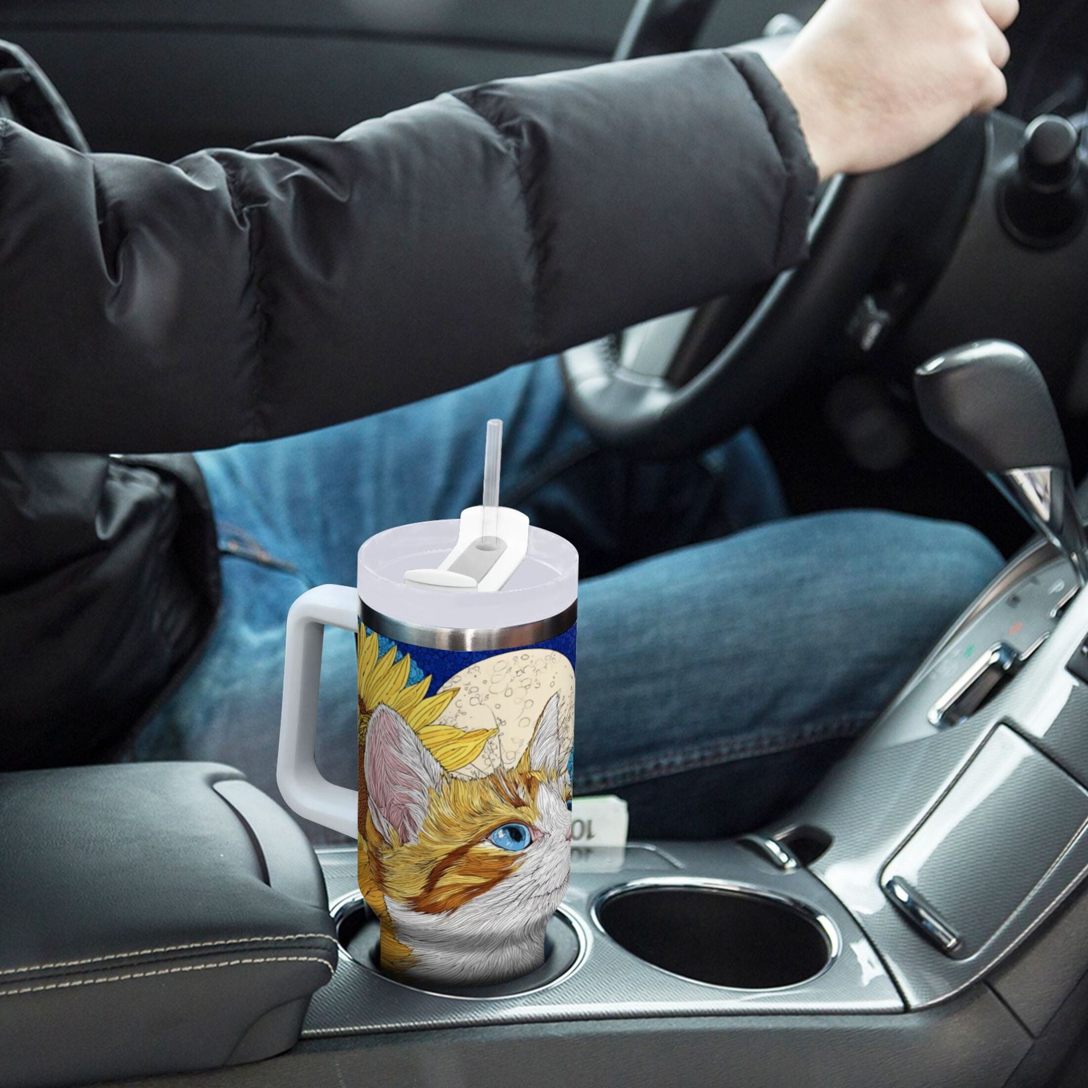 40 oz Insulated Stainless Steel Tumbler Double Wall Stainless Steel Tumbler with 2-Way Drinking Cat Lies in The Sunflowers M651U