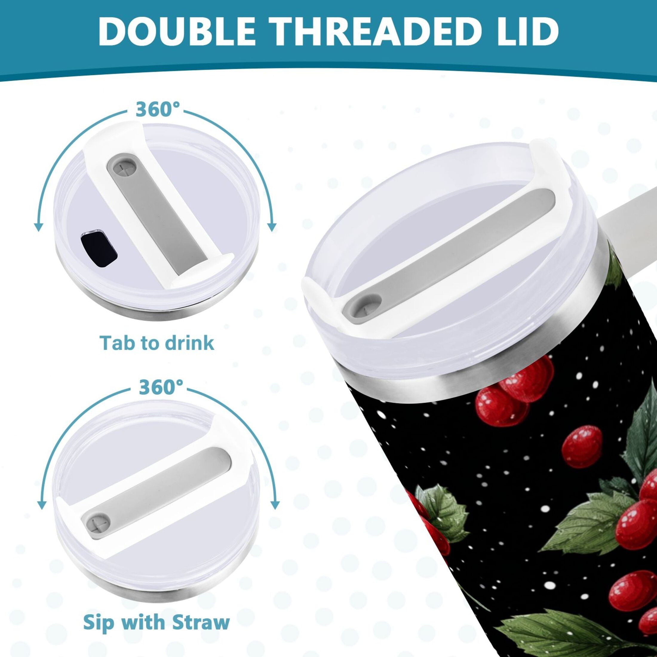 40 oz Insulated Stainless Steel Tumbler Double Wall Stainless Steel Tumbler with 2-Way Drinking Red Holly Berries Pattern M652L