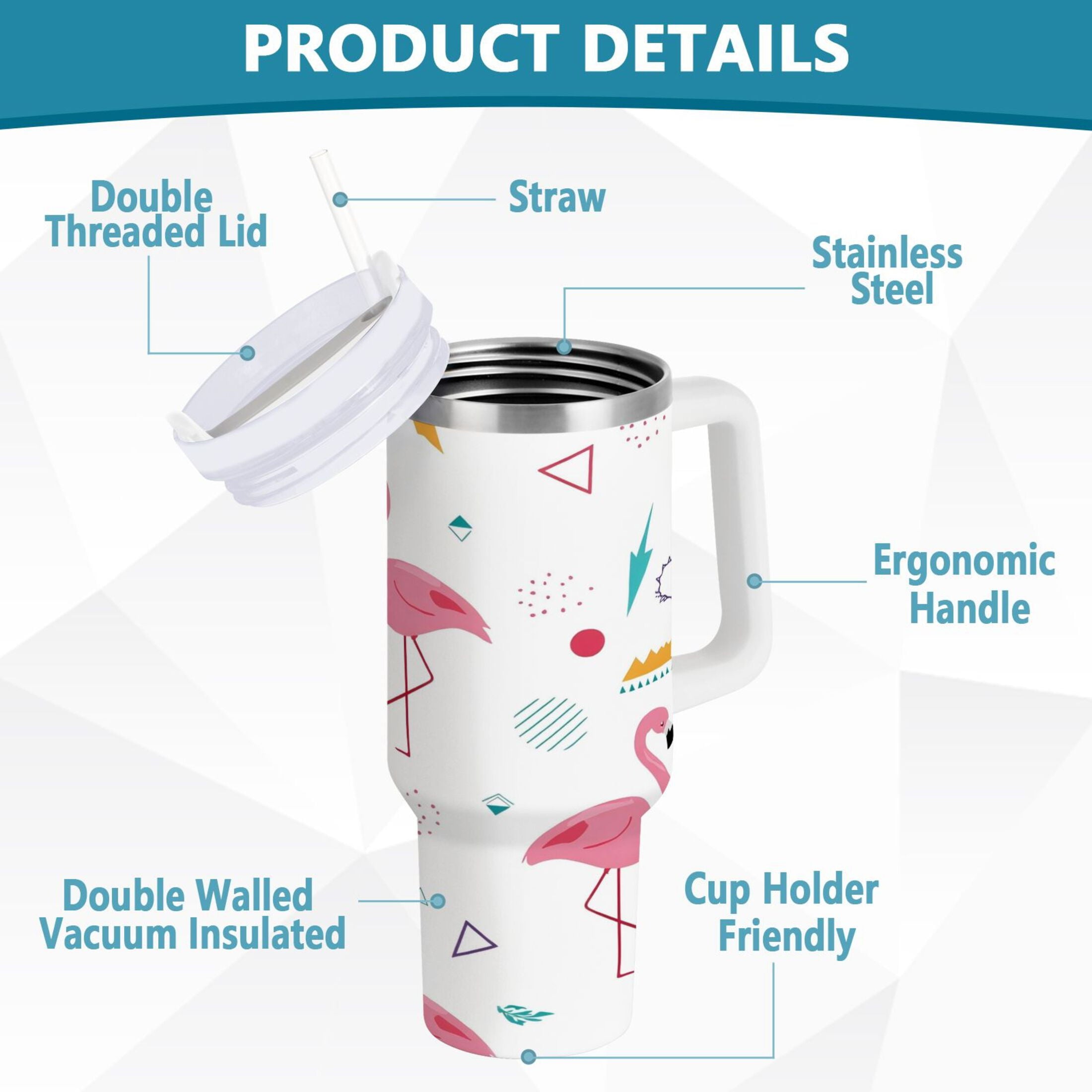 40 oz Insulated Stainless Steel Tumbler Double Wall Stainless Steel Tumbler with 2-Way Drinking Cute Flamingo Pattern M502X