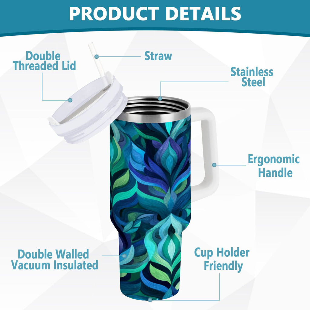40 oz Insulated Stainless Steel Tumbler Double Wall Stainless Steel Tumbler with 2-Way Drinking Elegant Blue Abstract Shapes M609R