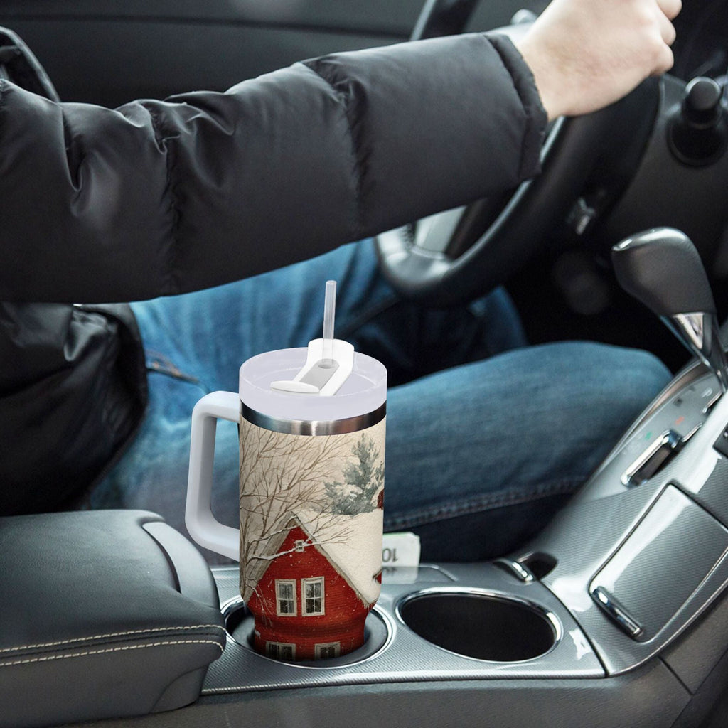 40 oz Insulated Stainless Steel Tumbler Double Wall Stainless Steel Tumbler with 2-Way Drinking House with Snow-covered Roof M674M