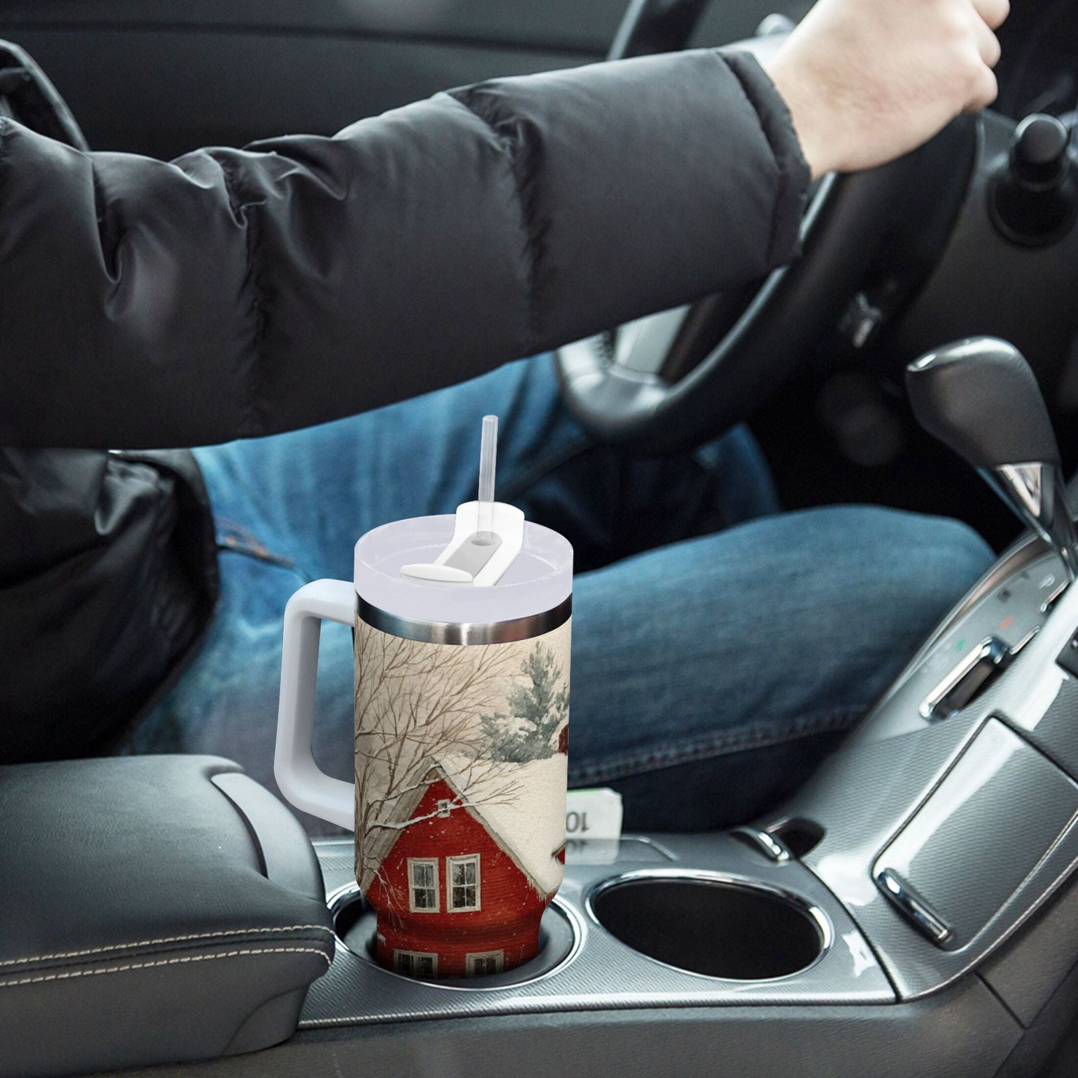 40 oz Insulated Stainless Steel Tumbler Double Wall Stainless Steel Tumbler with 2-Way Drinking House with Snow-covered Roof M674M