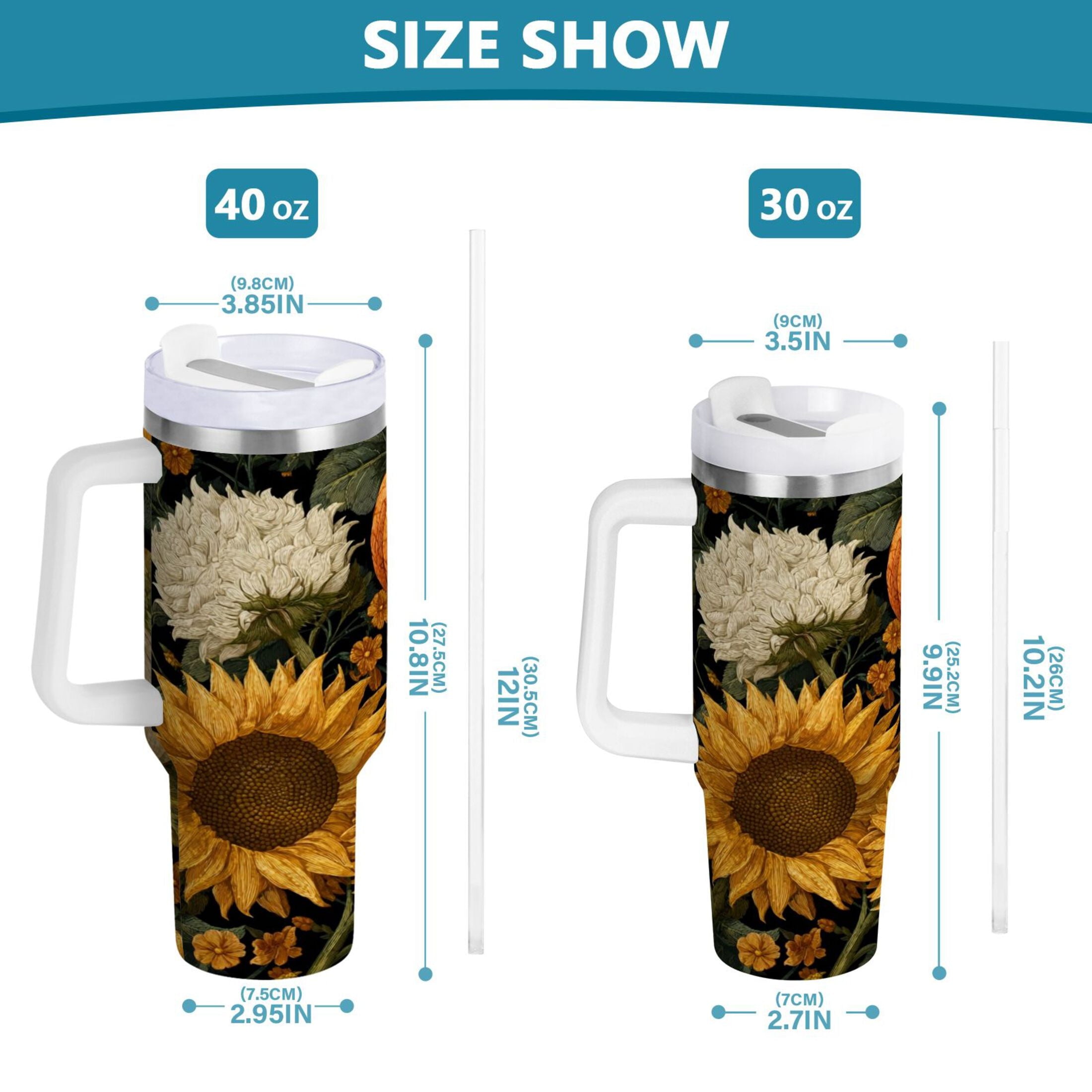 40 oz Insulated Stainless Steel Tumbler Double Wall Stainless Steel Tumbler with 2-Way Drinking Pumpkins and Sunflowers Pattern M560R
