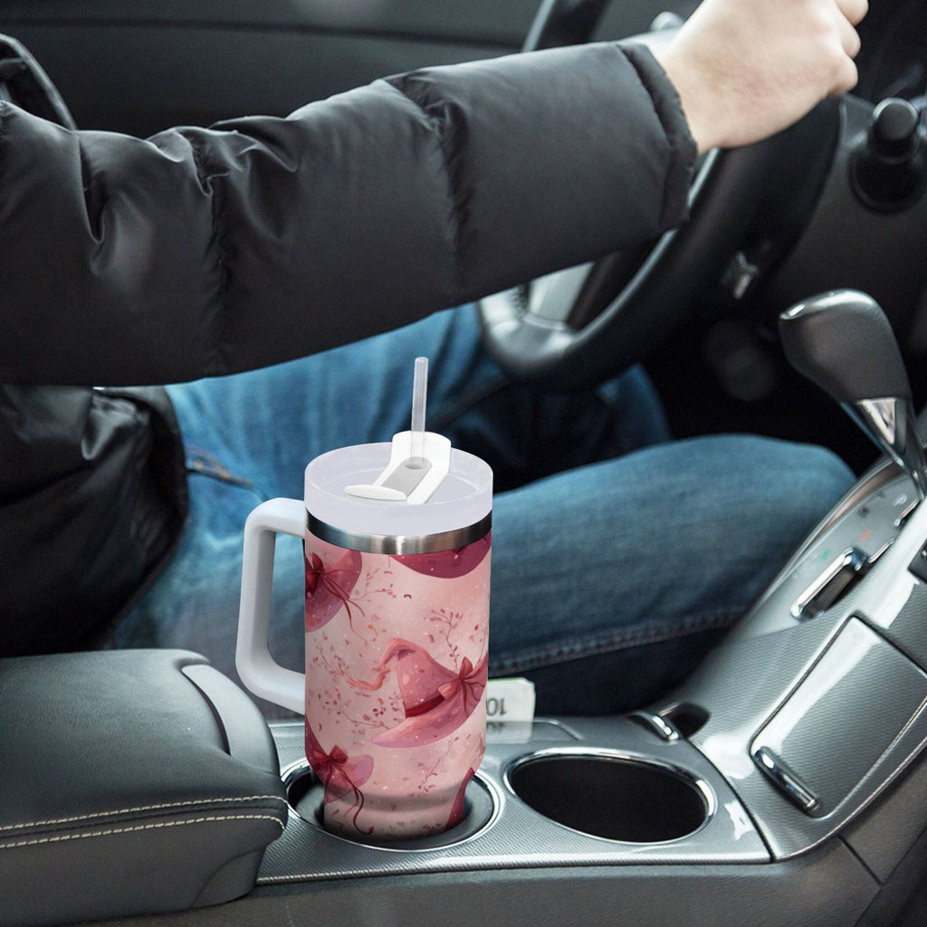30 oz Insulated Stainless Steel Tumbler Double Wall Stainless Steel Tumbler with 2-Way Drinking Hats with Delicate Bows M679V