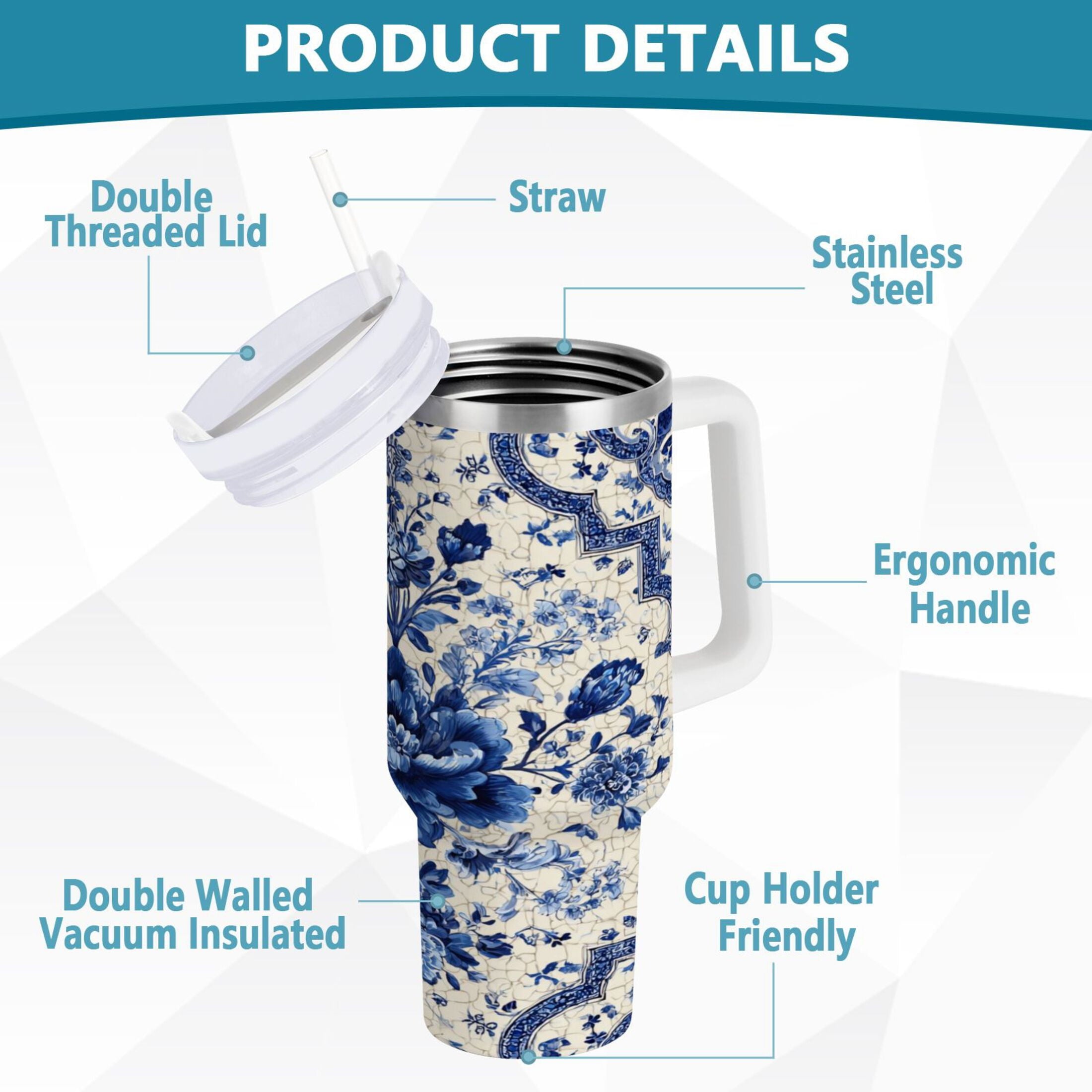 30 oz Insulated Stainless Steel Tumbler Double Wall Stainless Steel Tumbler with 2-Way Drinking Blue and White Porcelain-style M576Y