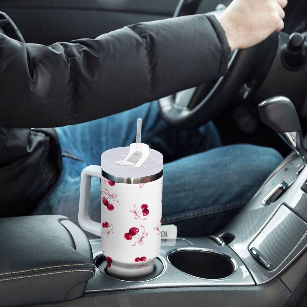 30 oz Insulated Stainless Steel Tumbler Double Wall Stainless Steel Tumbler with 2-Way Drinking Watercolor Cherries Pattern M604L