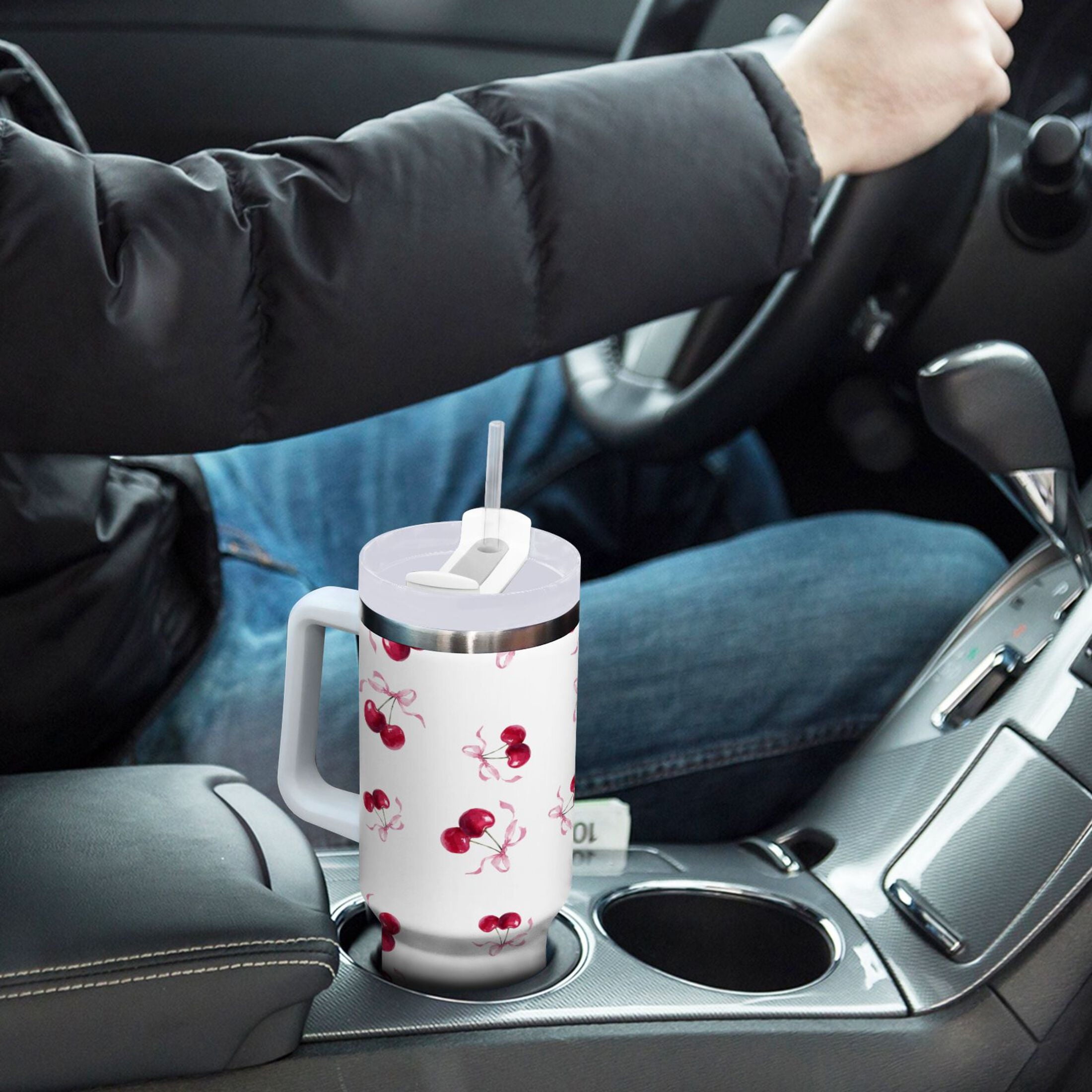 30 oz Insulated Stainless Steel Tumbler Double Wall Stainless Steel Tumbler with 2-Way Drinking Watercolor Cherries Pattern M604L