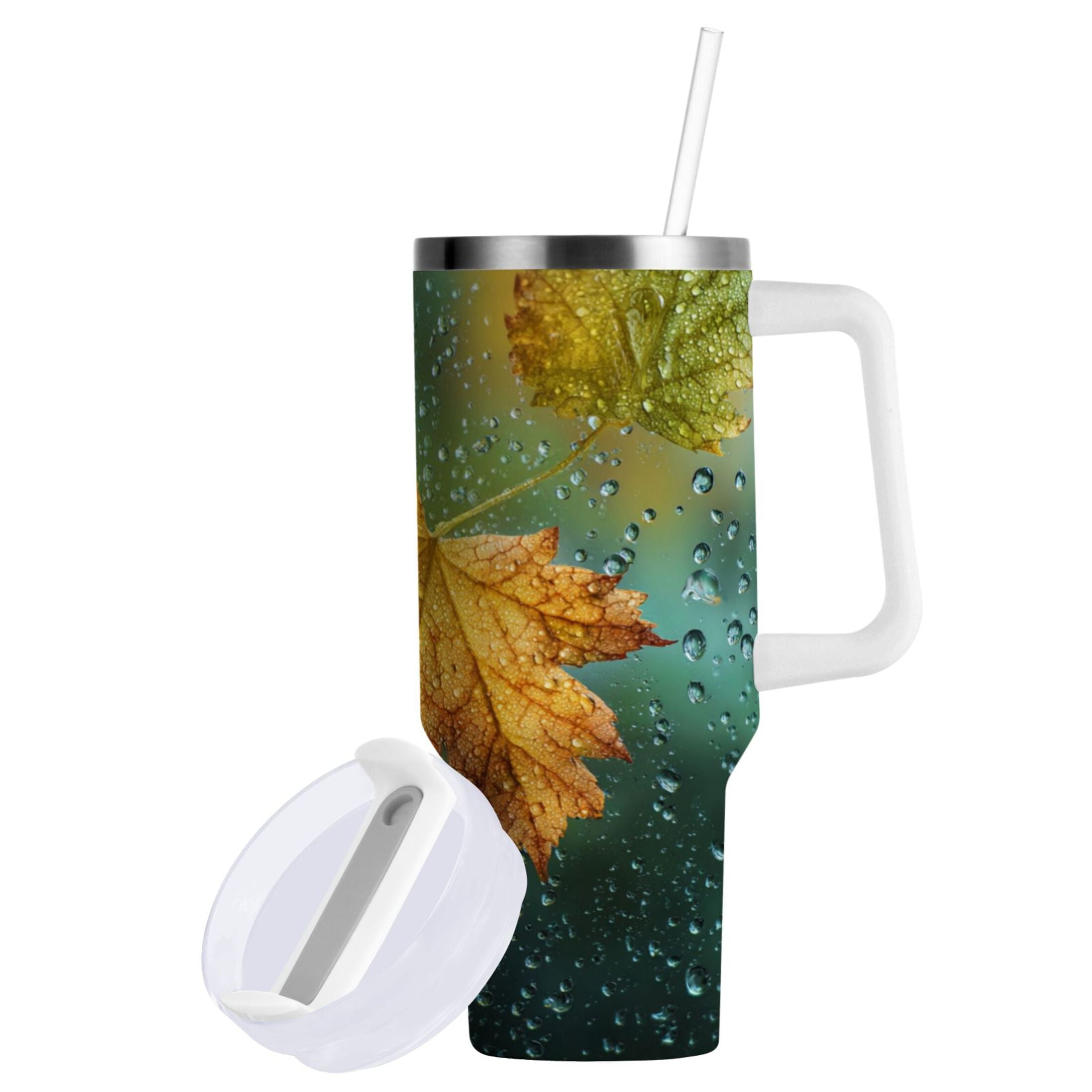 30 oz Insulated Stainless Steel Tumbler Double Wall Stainless Steel Tumbler with 2-Way Drinking Leaves with Water Droplets M500Q