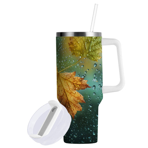 30 oz Insulated Stainless Steel Tumbler Double Wall Stainless Steel Tumbler with 2-Way Drinking Leaves with Water Droplets M500Q
