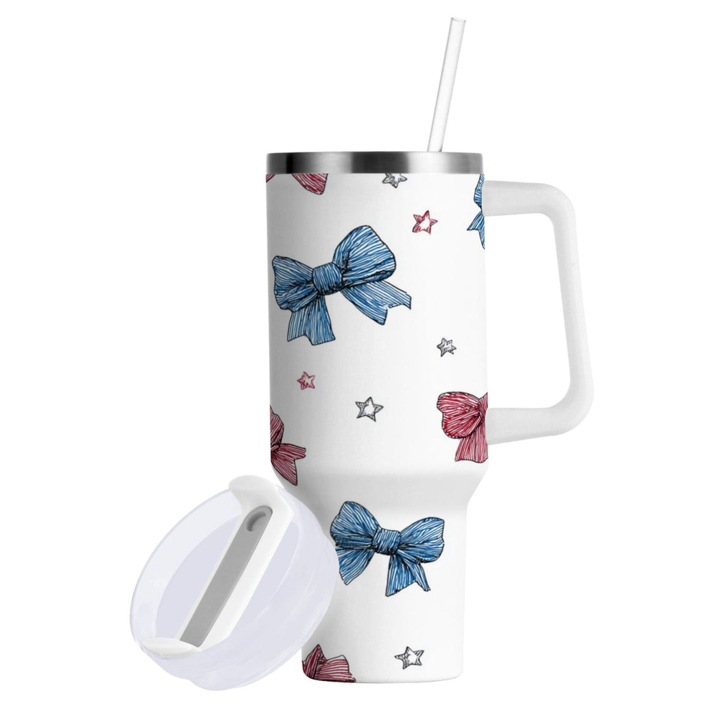 40 oz Insulated Stainless Steel Tumbler Double Wall Stainless Steel Tumbler with 2-Way Drinking Red and Blue Stripes Bows M510K
