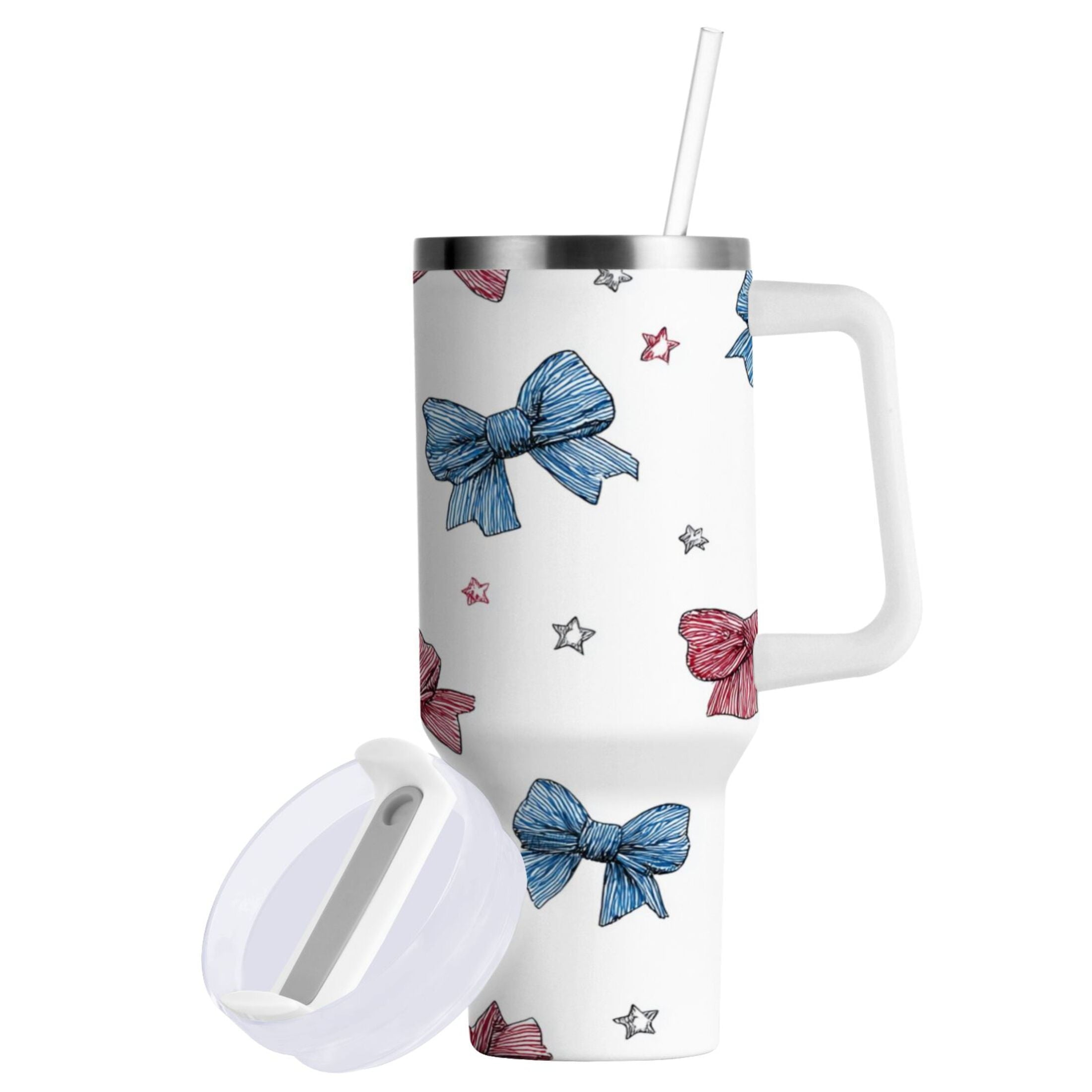 40 oz Insulated Stainless Steel Tumbler Double Wall Stainless Steel Tumbler with 2-Way Drinking Red and Blue Stripes Bows M510K