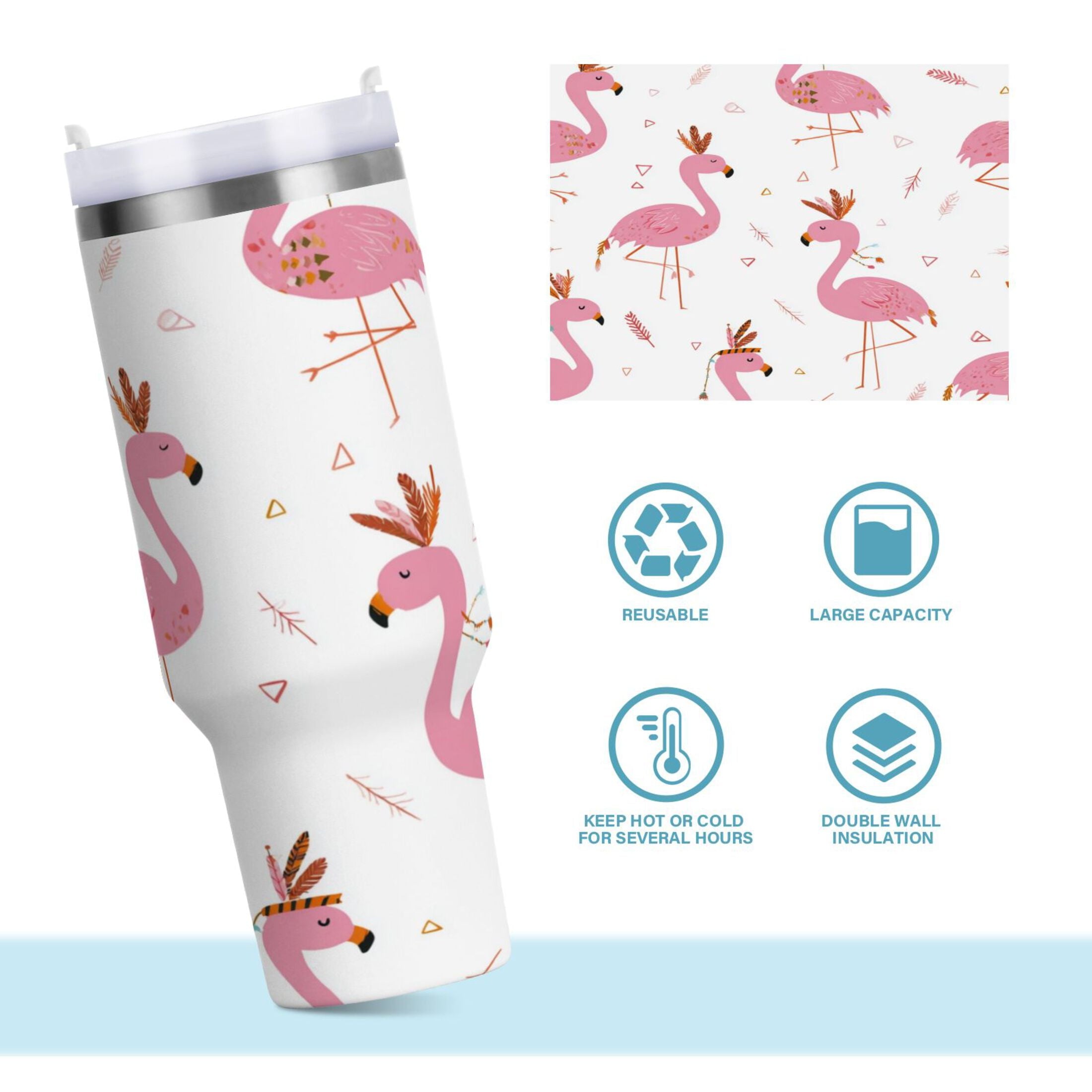 40 oz Insulated Stainless Steel Tumbler Double Wall Stainless Steel Tumbler with 2-Way Drinking Cute Pink Flamingo Pattern M515A