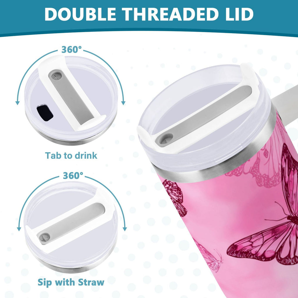 40 oz Insulated Stainless Steel Tumbler Double Wall Stainless Steel Tumbler with 2-Way Drinking Pink Butterfly Pattern M629A