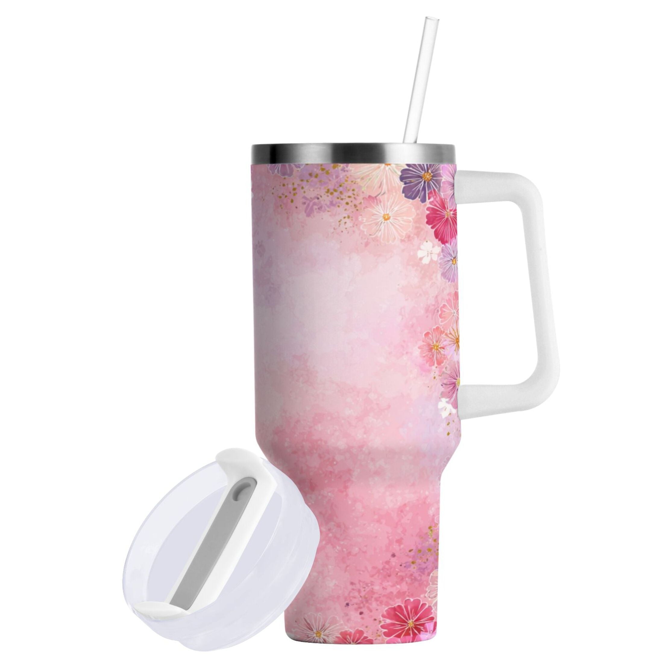 30 oz Insulated Stainless Steel Tumbler Double Wall Stainless Steel Tumbler with 2-Way Drinking Colorful Pastel Floral Pattern M514X