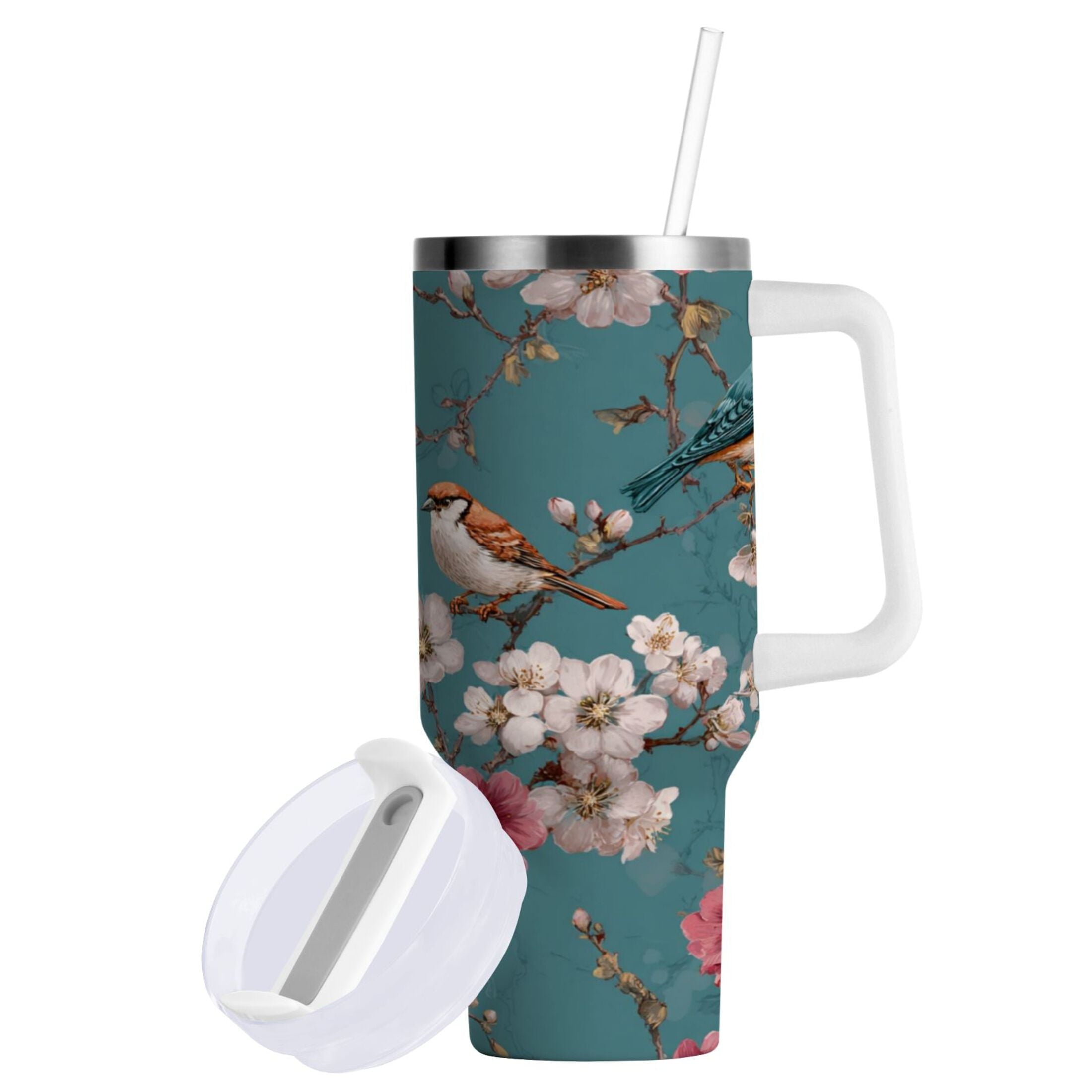 30 oz Insulated Stainless Steel Tumbler Double Wall Stainless Steel Tumbler with 2-Way Drinking Birds and Cherry Pattern M537H