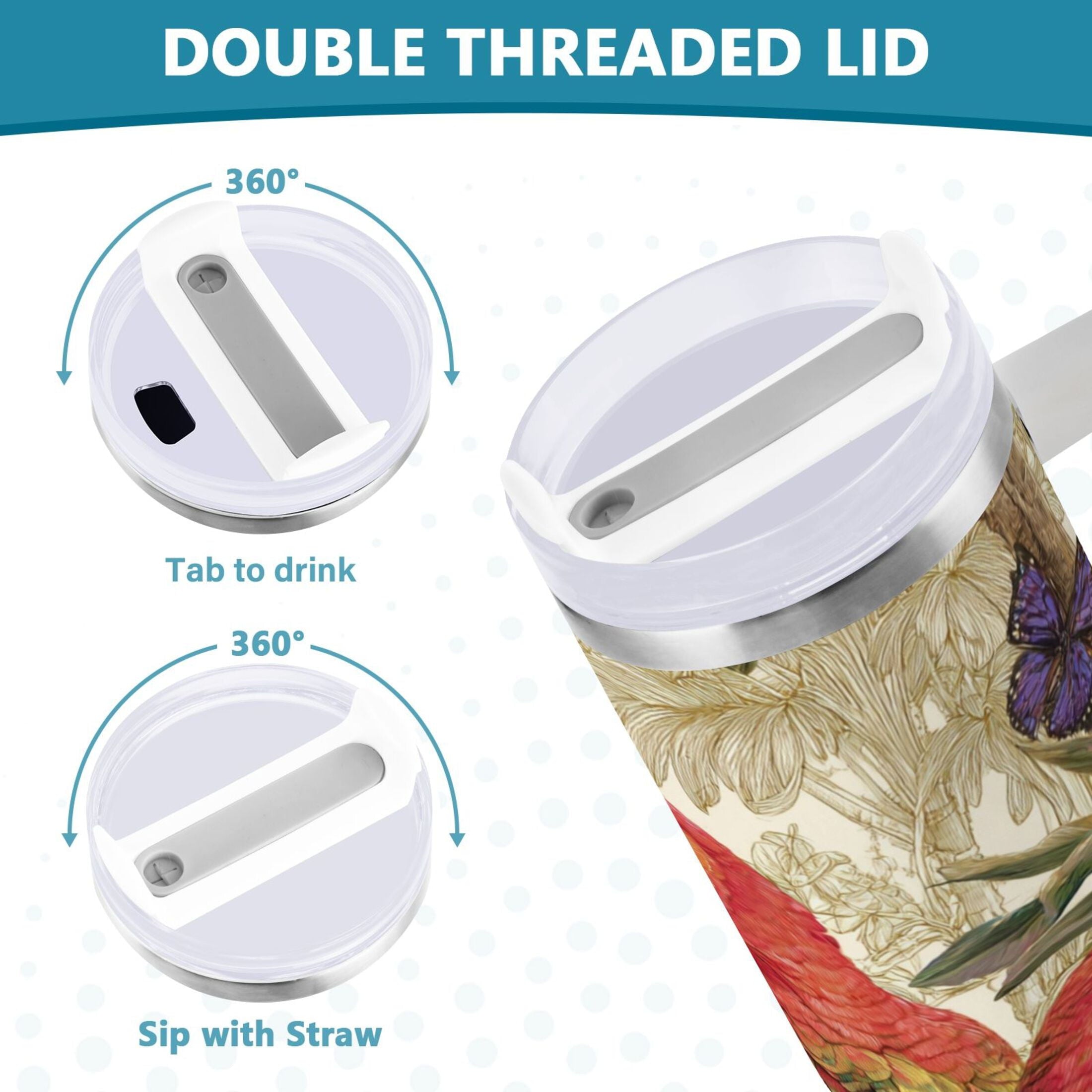 30 oz Insulated Stainless Steel Tumbler Double Wall Stainless Steel Tumbler with 2-Way Drinking Colorful Beautiful Parrots M520V