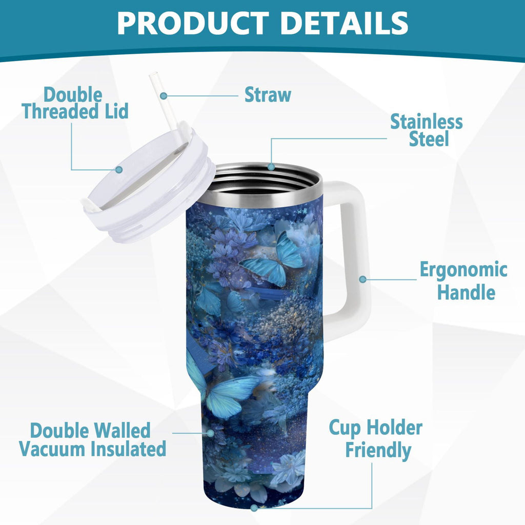30 oz Insulated Stainless Steel Tumbler Double Wall Stainless Steel Tumbler with 2-Way Drinking Butterflies Books and Flowers M524C
