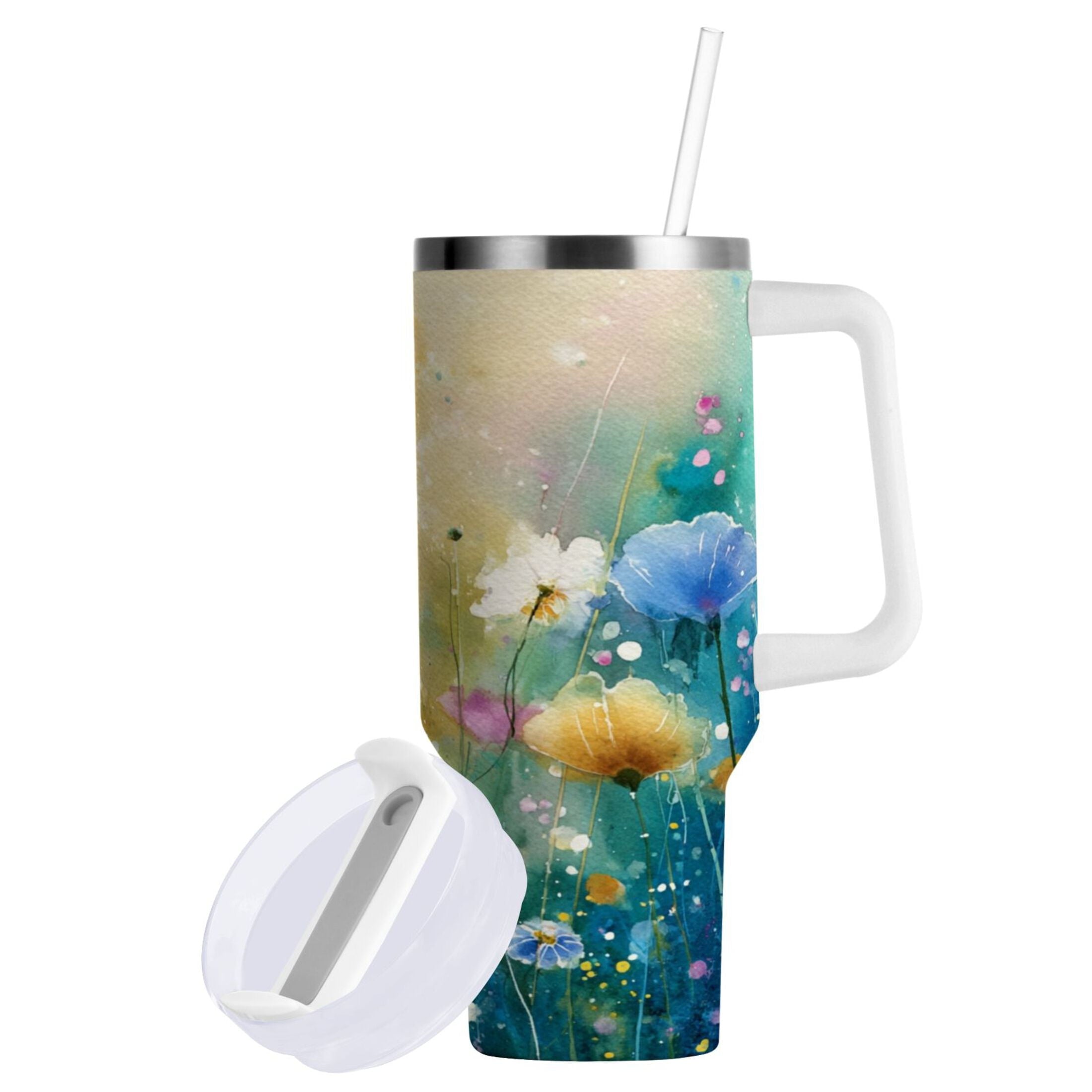 30 oz Insulated Stainless Steel Tumbler Double Wall Stainless Steel Tumbler with 2-Way Drinking Watercolor Wildflowers M563C