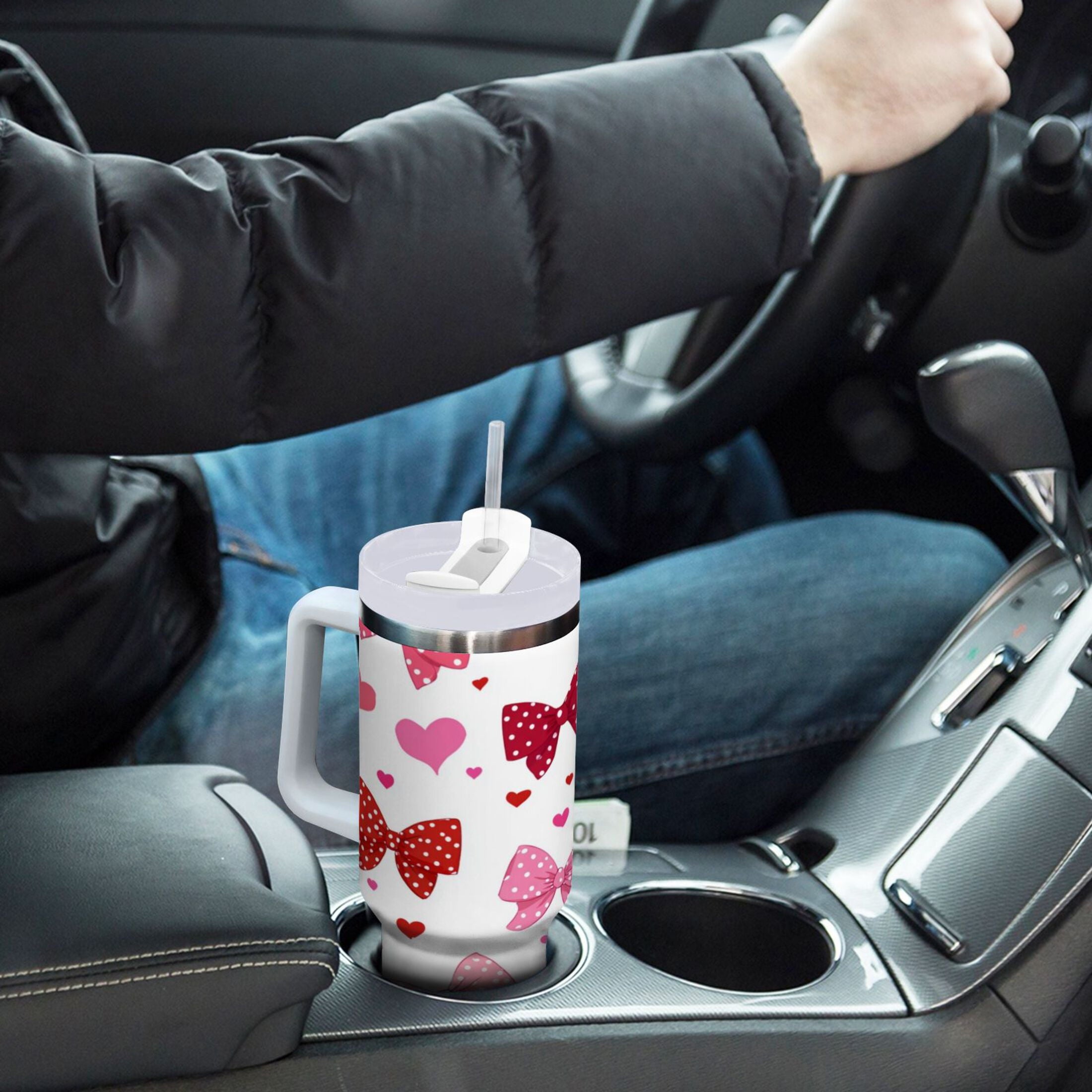 30 oz Insulated Stainless Steel Tumbler Double Wall Stainless Steel Tumbler with 2-Way Drinking Red and Pink Bows M595K