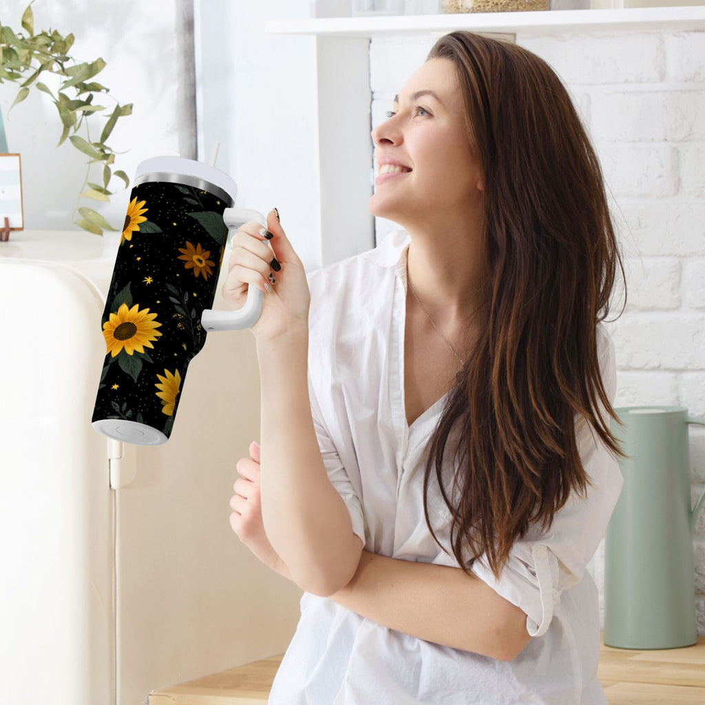 30 oz Insulated Stainless Steel Tumbler Double Wall Stainless Steel Tumbler with 2-Way Drinking Yellow Sunflower Pattern M532S