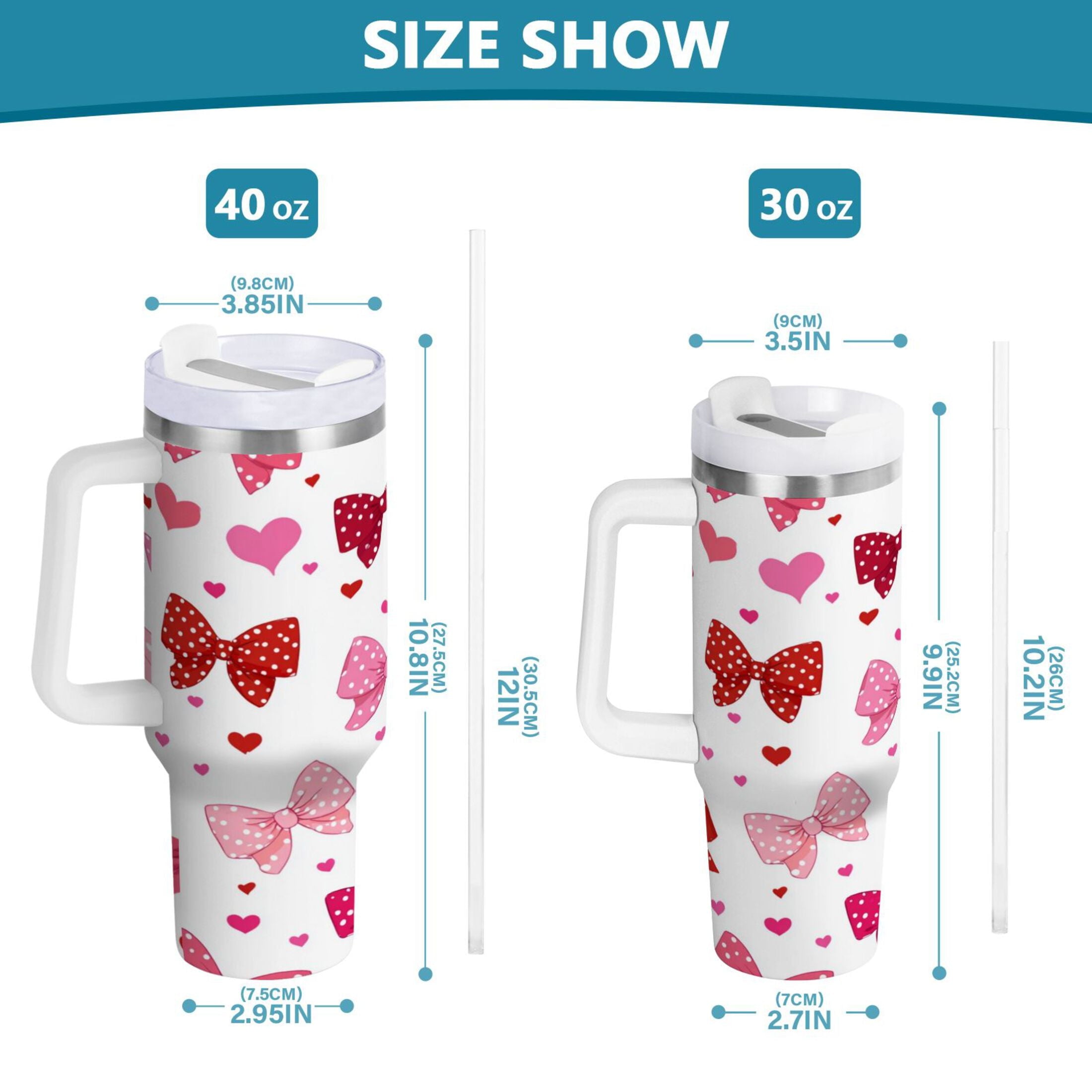 30 oz Insulated Stainless Steel Tumbler Double Wall Stainless Steel Tumbler with 2-Way Drinking Red and Pink Bows M595K