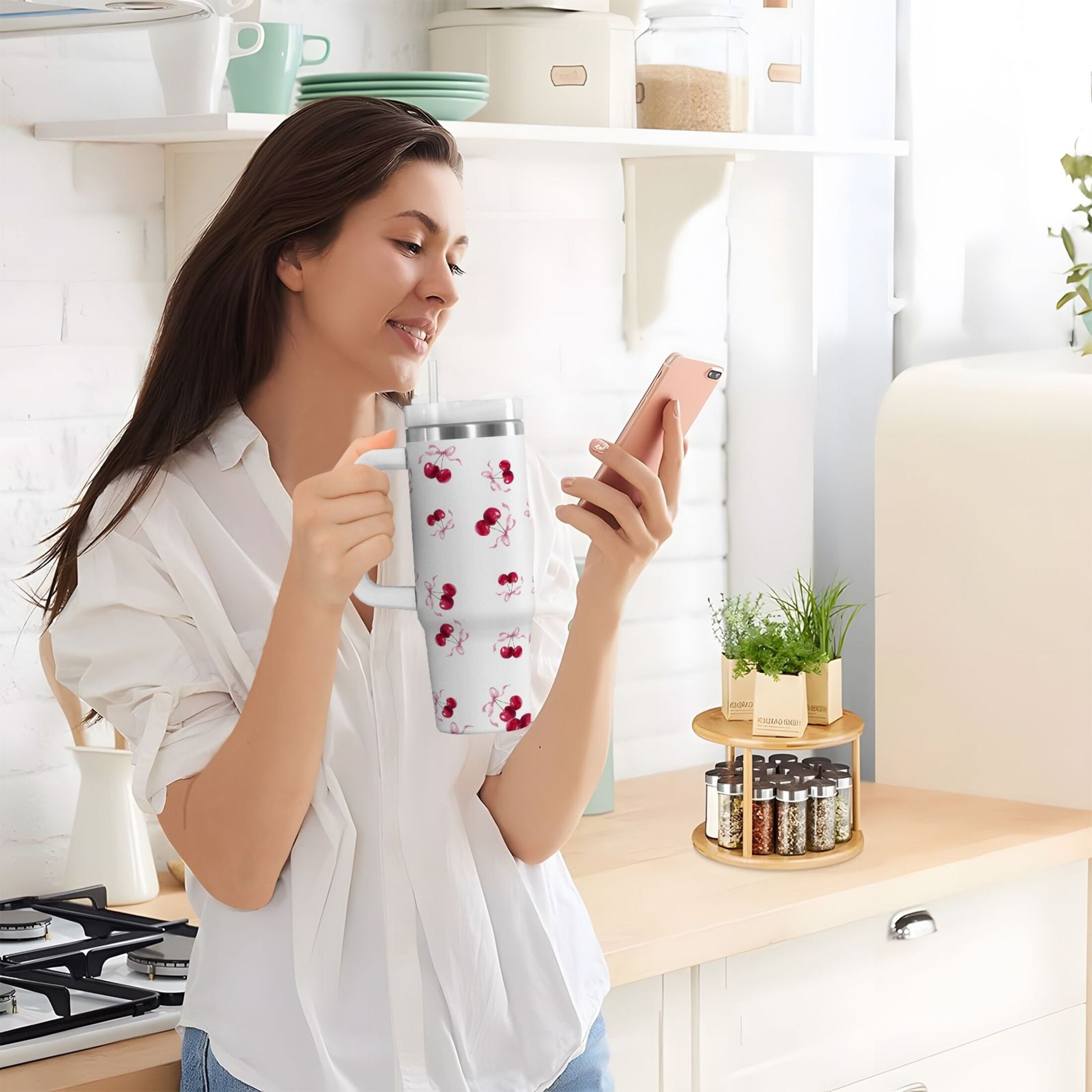 30 oz Insulated Stainless Steel Tumbler Double Wall Stainless Steel Tumbler with 2-Way Drinking Watercolor Cherries Pattern M604L