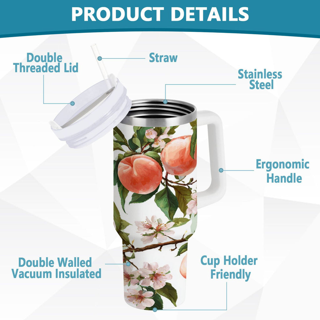 30 oz Insulated Stainless Steel Tumbler Double Wall Stainless Steel Tumbler with 2-Way Drinking Peach Fruit Pattern M503F
