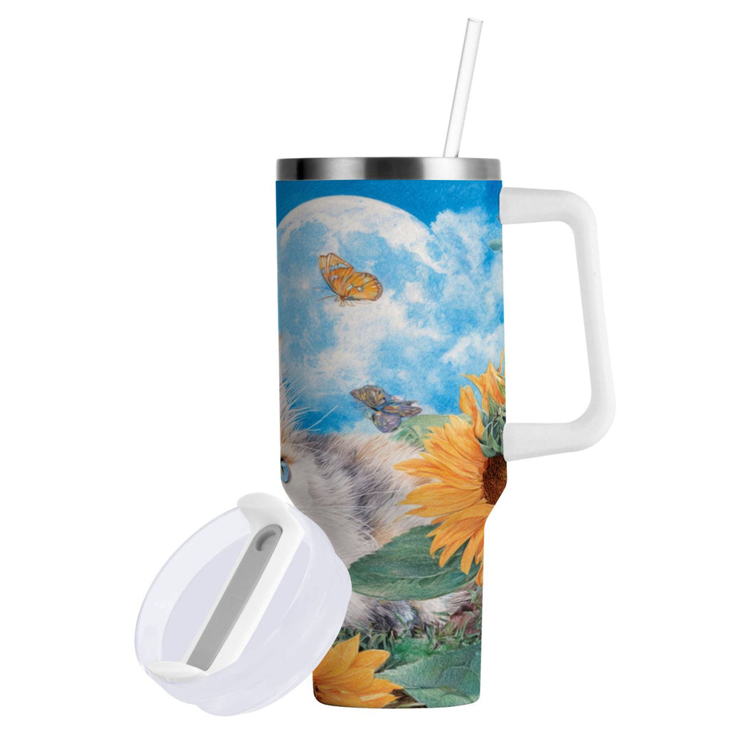 40 oz Insulated Stainless Steel Tumbler Double Wall Stainless Steel Tumbler with 2-Way Drinking Playful Cat Lying Sunflowers M549J