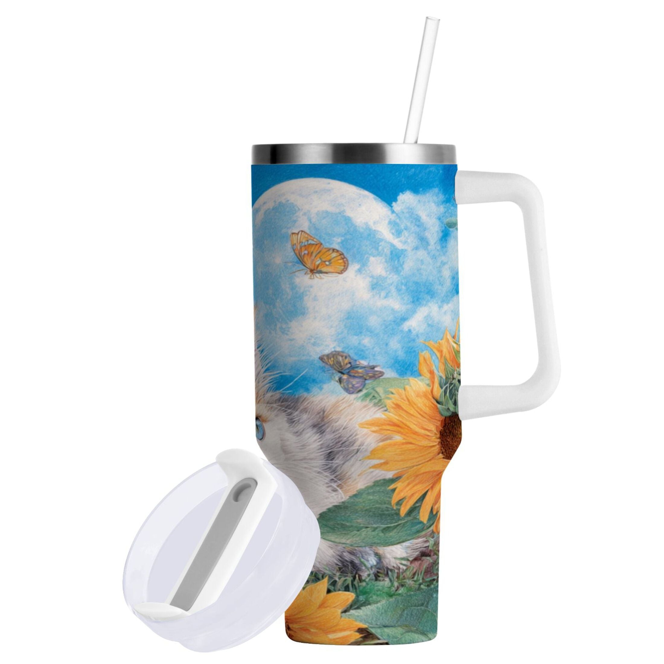 40 oz Insulated Stainless Steel Tumbler Double Wall Stainless Steel Tumbler with 2-Way Drinking Playful Cat Lying Sunflowers M549J