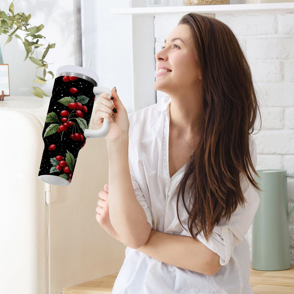 40 oz Insulated Stainless Steel Tumbler Double Wall Stainless Steel Tumbler with 2-Way Drinking Red Holly Berries Pattern M652L