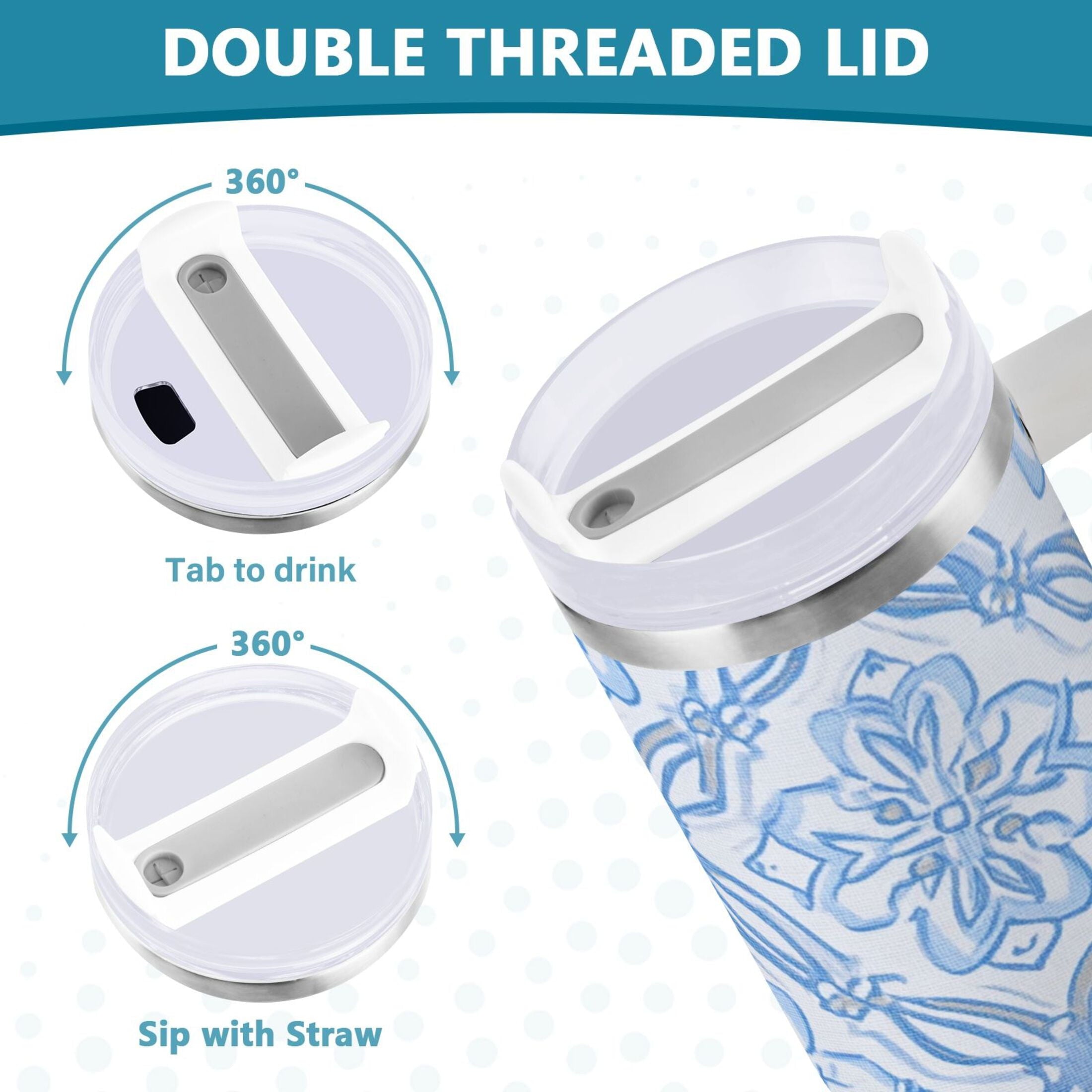 30 oz Insulated Stainless Steel Tumbler Double Wall Stainless Steel Tumbler with 2-Way Drinking Blue Elegant Geometric Design M623G