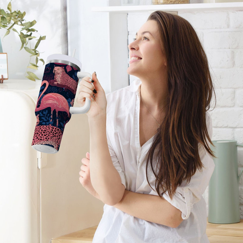 30 oz Insulated Stainless Steel Tumbler Double Wall Stainless Steel Tumbler with 2-Way Drinking Flamingos and Leopard Print M568Z