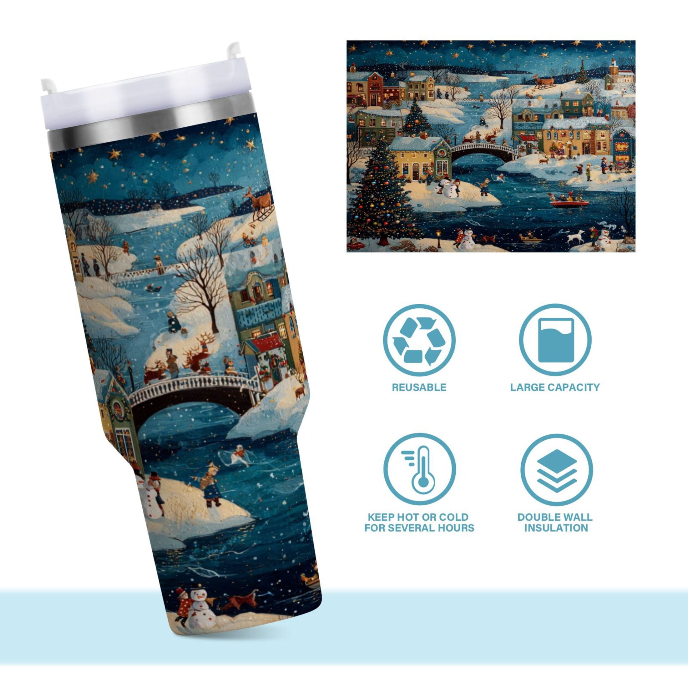 30 oz Insulated Stainless Steel Tumbler Double Wall Stainless Steel Tumbler with 2-Way Drinking Whimsical Christmas Scene M545W
