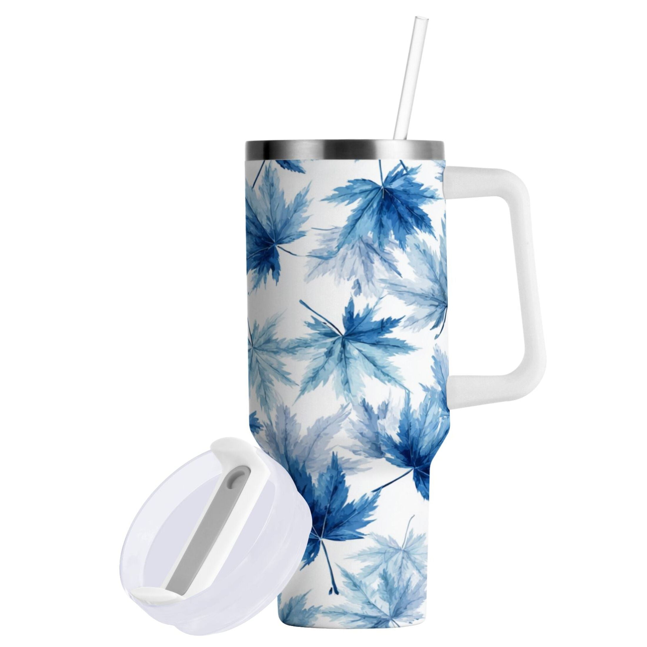 30 oz Insulated Stainless Steel Tumbler Double Wall Stainless Steel Tumbler with 2-Way Drinking Abstract Blue Maple Leaves M581Q