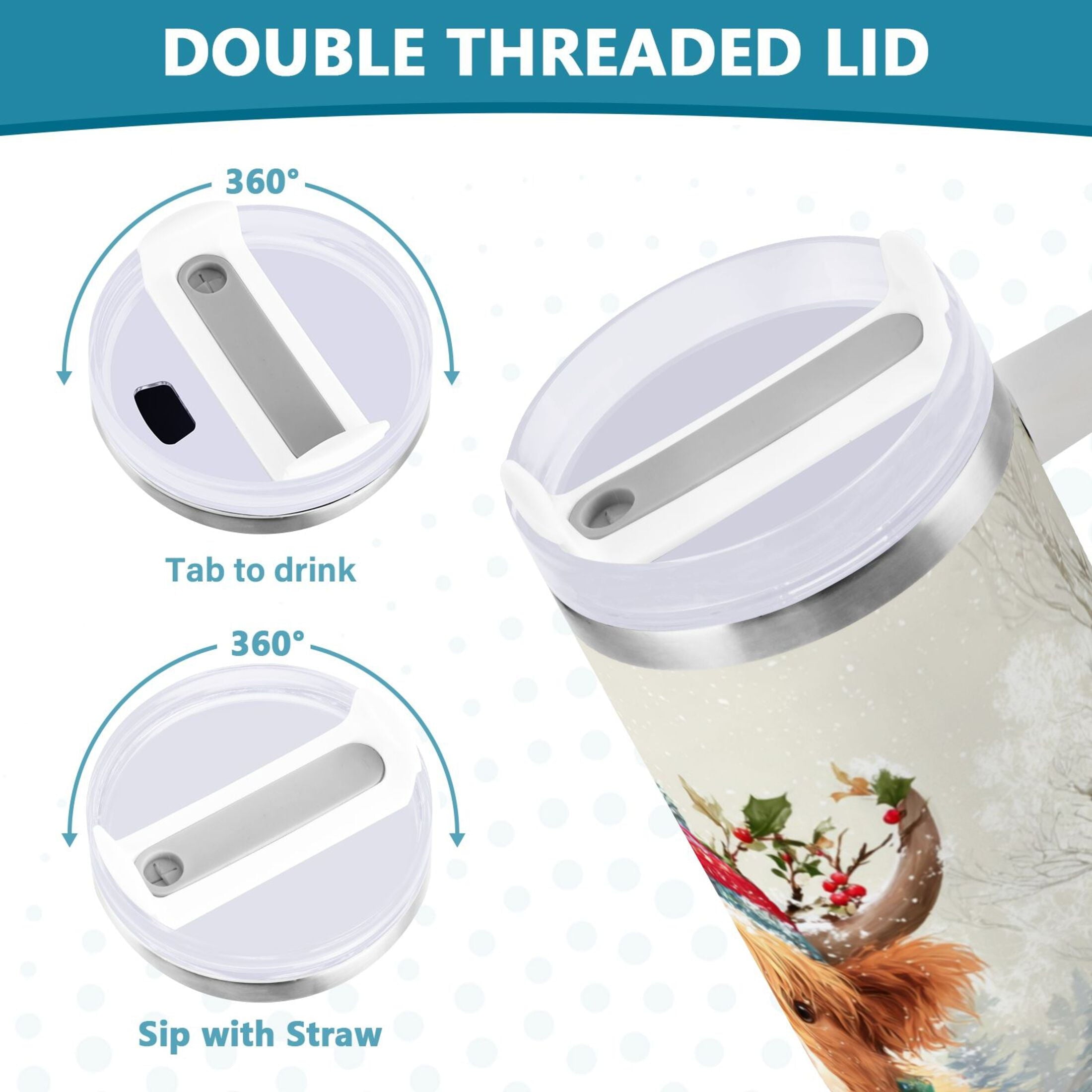 30 oz Insulated Stainless Steel Tumbler Double Wall Stainless Steel Tumbler with 2-Way Drinking Cow Wearing Christmas Hat M681V