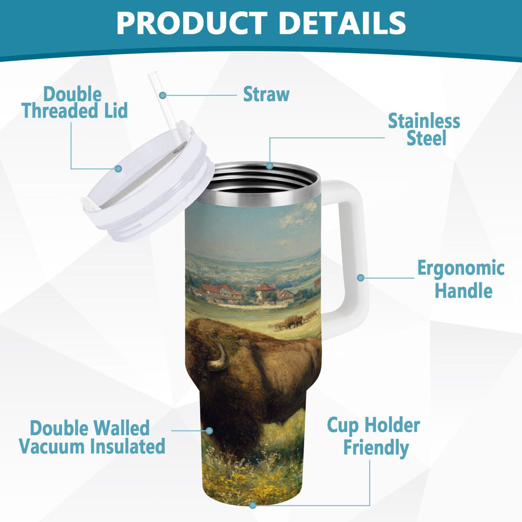 30 oz Insulated Stainless Steel Tumbler Double Wall Stainless Steel Tumbler with 2-Way Drinking Buffalo Herd Oil Painting M660T