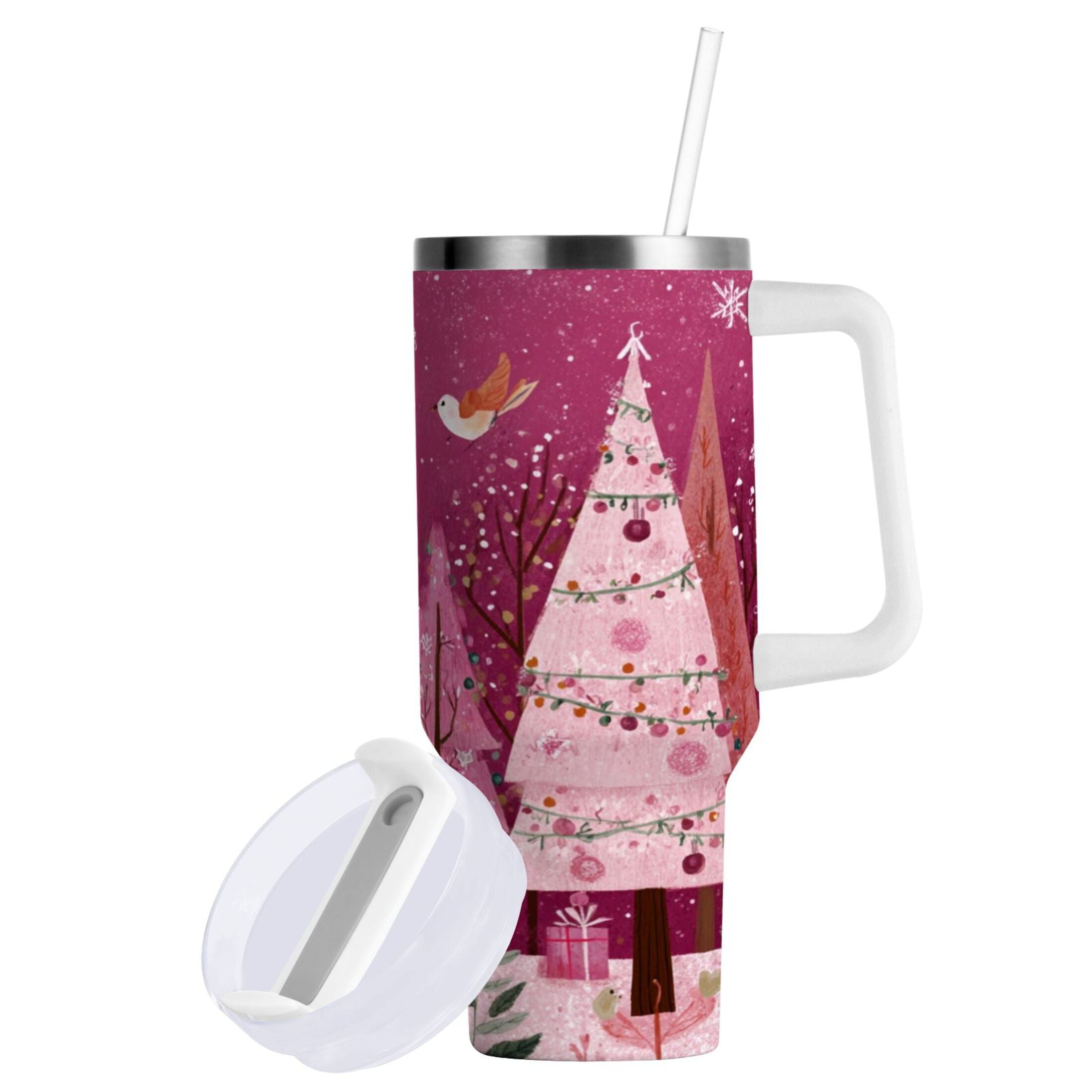 40 oz Insulated Stainless Steel Tumbler Double Wall Stainless Steel Tumbler with 2-Way Drinking Pink Christmas Forest M512A