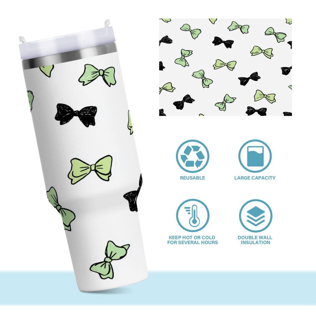 40 oz Insulated Stainless Steel Tumbler Double Wall Stainless Steel Tumbler with 2-Way Drinking Green and Black Bows M553W