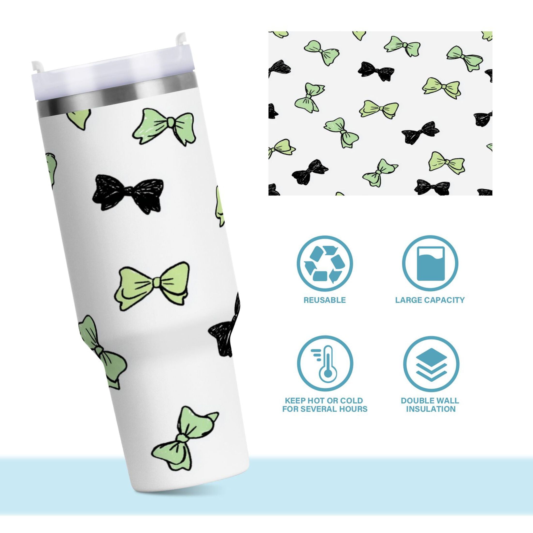 40 oz Insulated Stainless Steel Tumbler Double Wall Stainless Steel Tumbler with 2-Way Drinking Green and Black Bows M553W