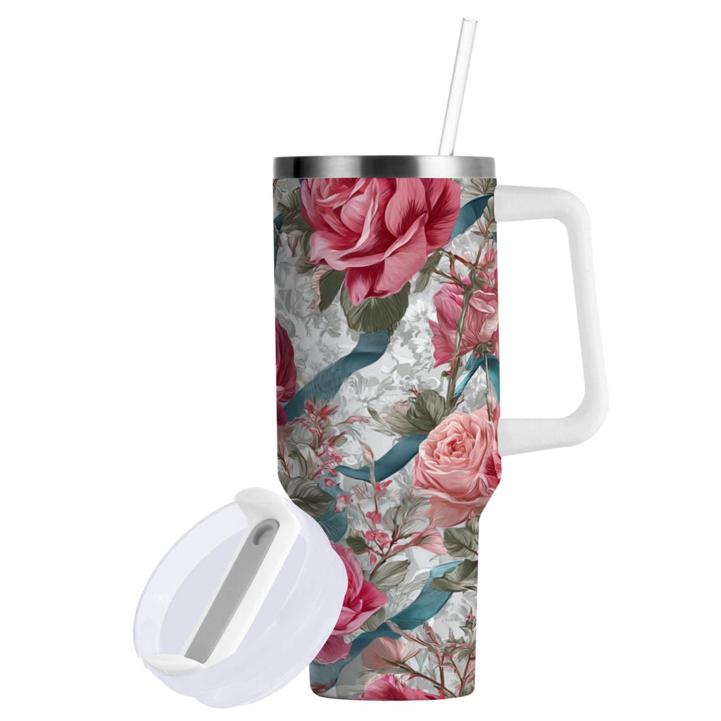 30 oz Insulated Stainless Steel Tumbler Double Wall Stainless Steel Tumbler with 2-Way Drinking Roses and Ribbons M675U