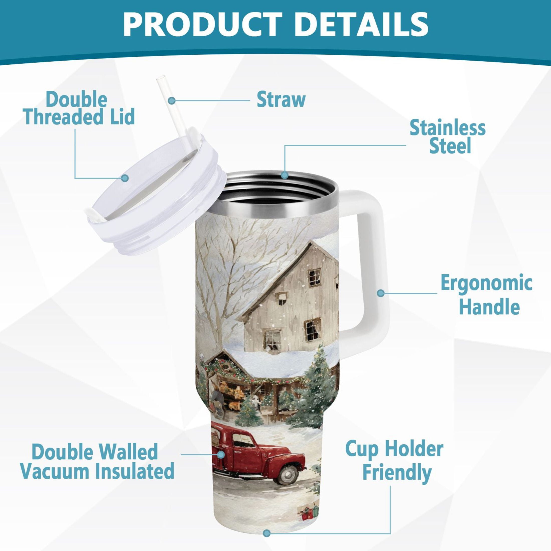 40 oz Insulated Stainless Steel Tumbler Double Wall Stainless Steel Tumbler with 2-Way Drinking Farm Snow Scene M645U