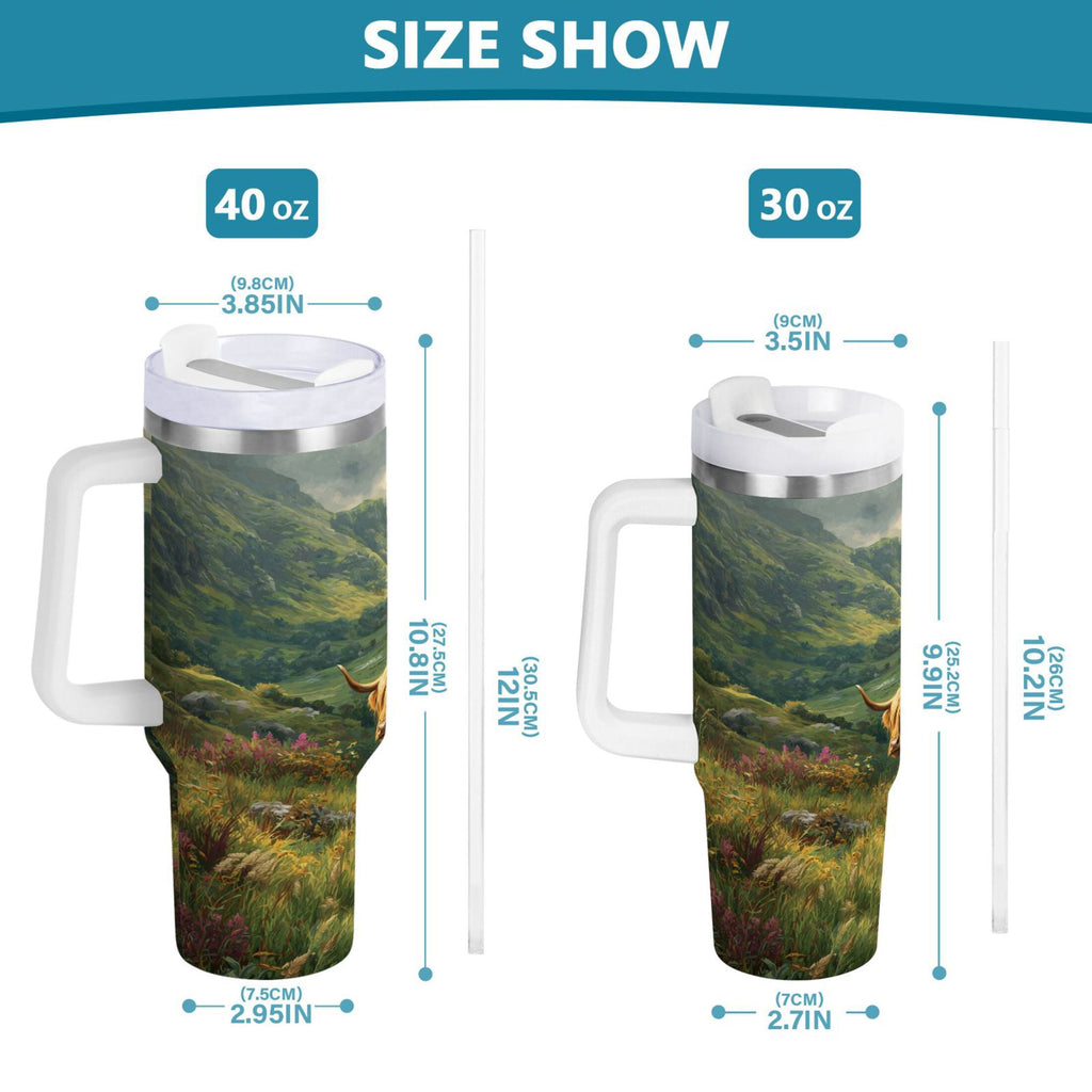 30 oz Insulated Stainless Steel Tumbler Double Wall Stainless Steel Tumbler with 2-Way Drinking Cow in Green Rolling Hills M586P