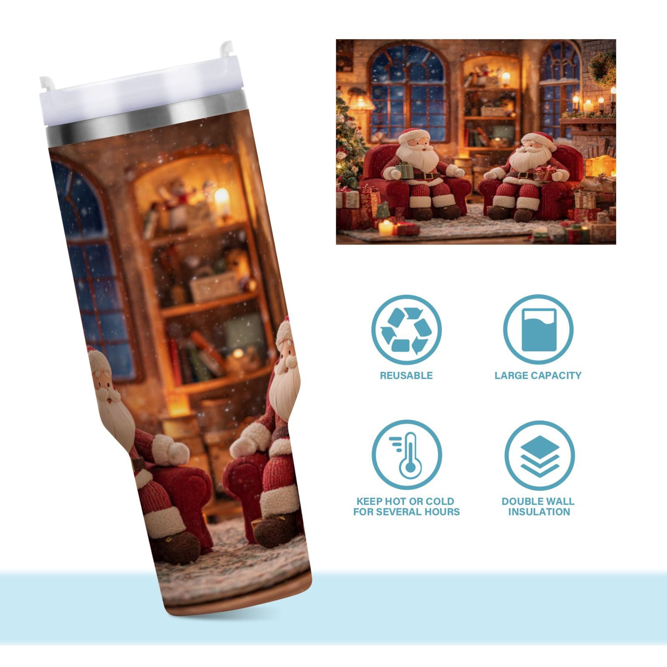 40 oz Insulated Stainless Steel Tumbler Double Wall Stainless Steel Tumbler with 2-Way Drinking Sitting Santa Claus M635F