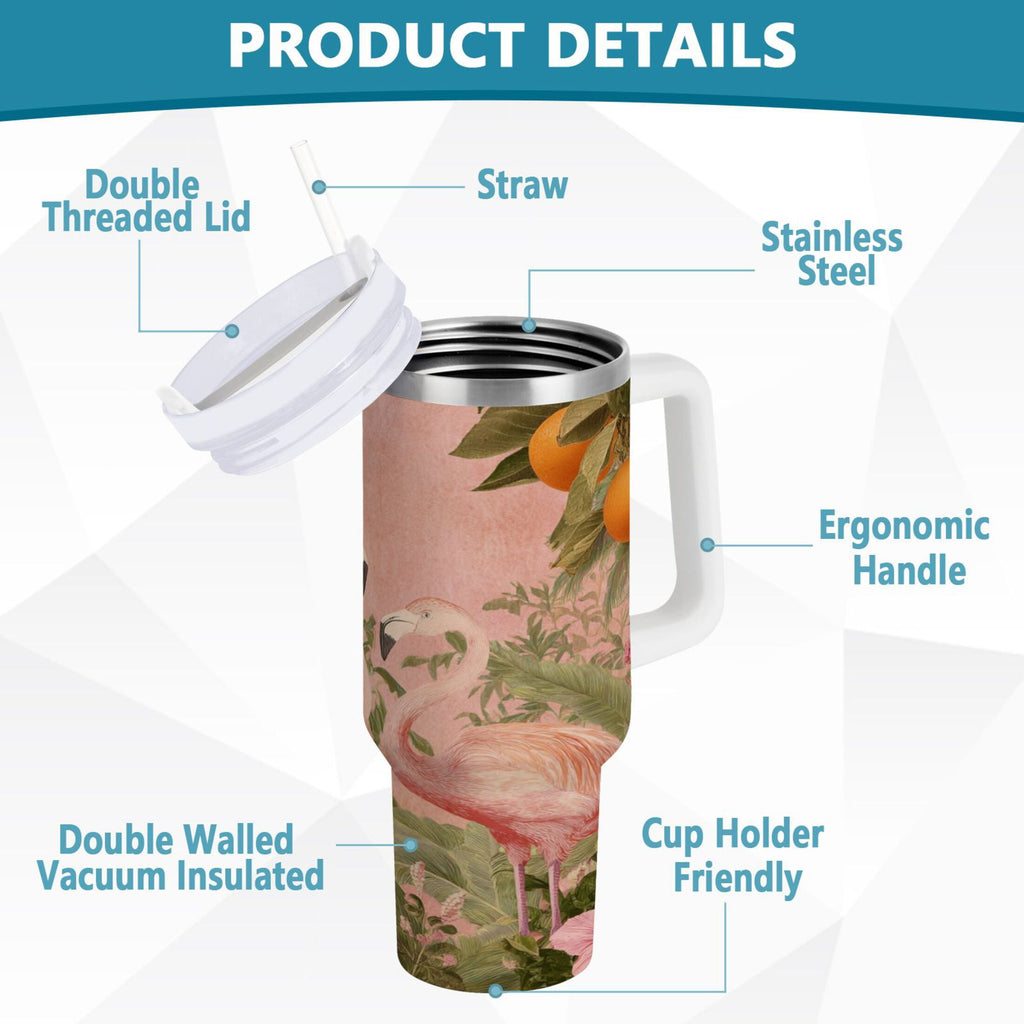 40 oz Insulated Stainless Steel Tumbler Double Wall Stainless Steel Tumbler with 2-Way Drinking Flamingos in Tropical Garden M666F