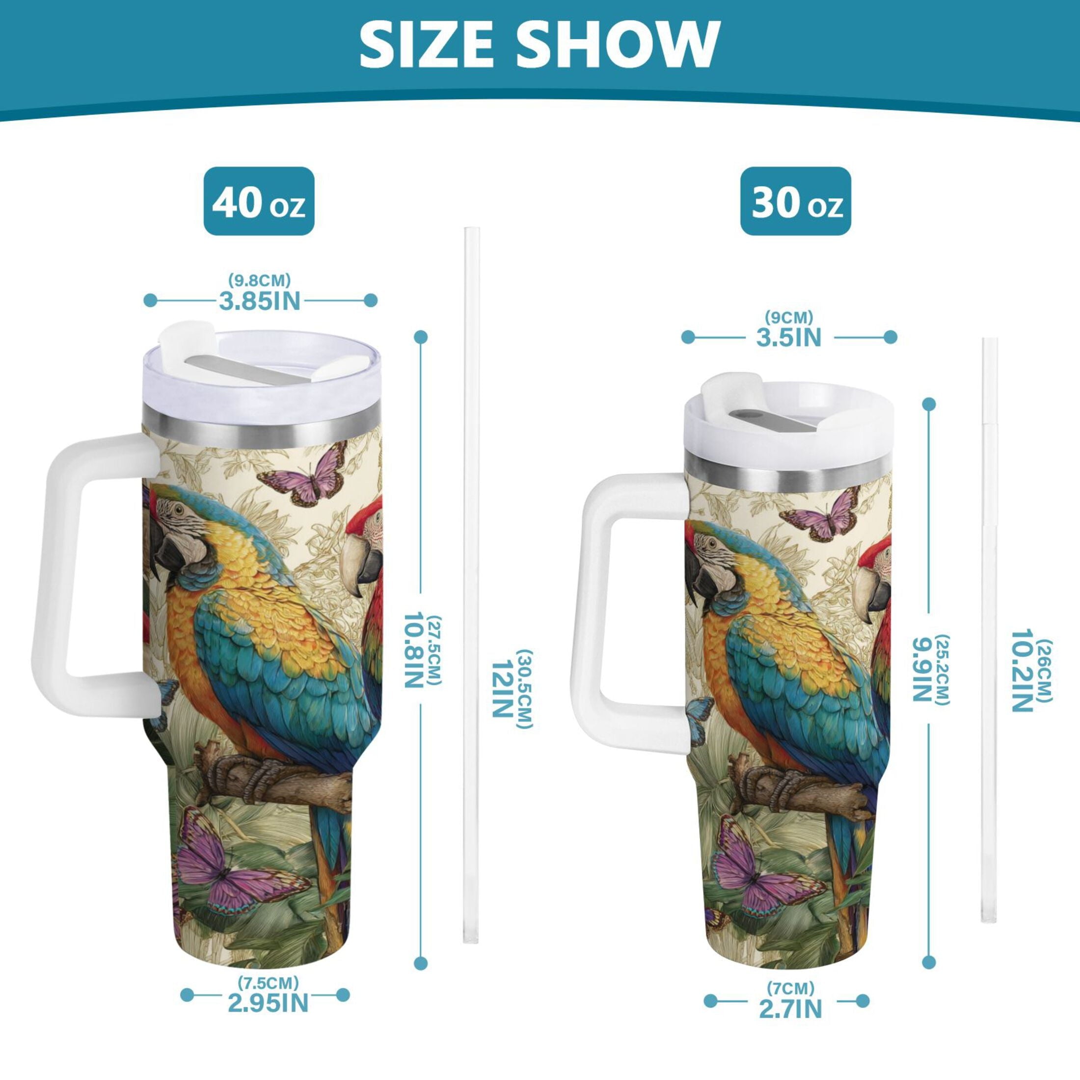30 oz Insulated Stainless Steel Tumbler Double Wall Stainless Steel Tumbler with 2-Way Drinking Colorful Beautiful Parrots M520V
