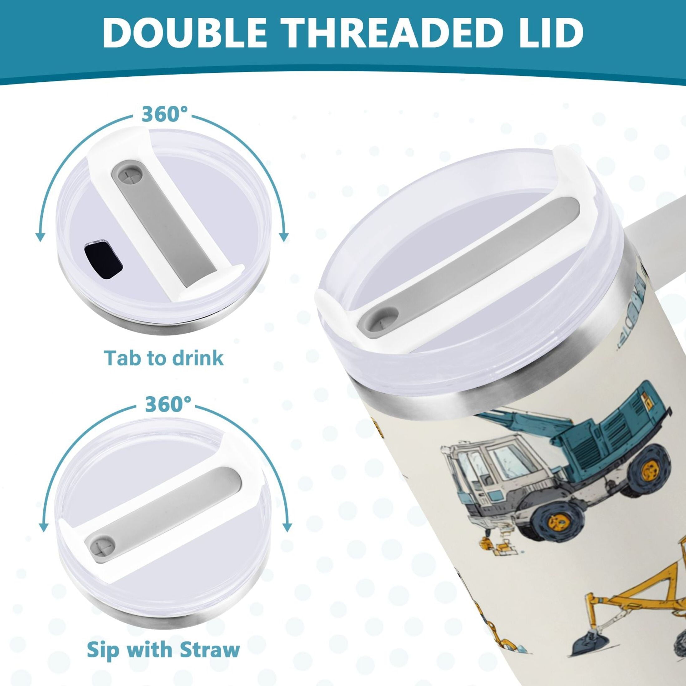 30 oz Insulated Stainless Steel Tumbler Double Wall Stainless Steel Tumbler with 2-Way Drinking Engineering Vehicle Pattern M653U