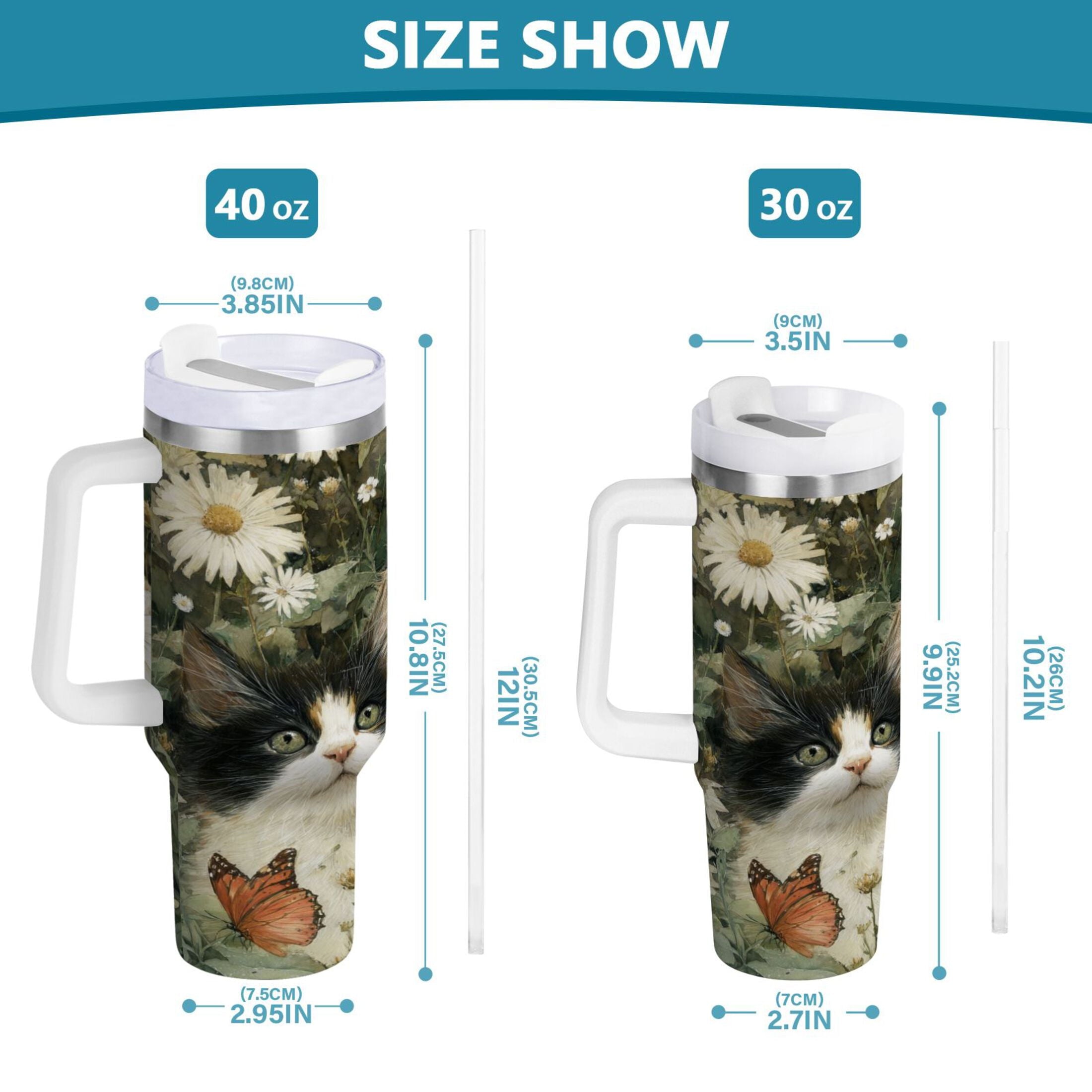 30 oz Insulated Stainless Steel Tumbler Double Wall Stainless Steel Tumbler with 2-Way Drinking Adorable Cats and Daisies M602D
