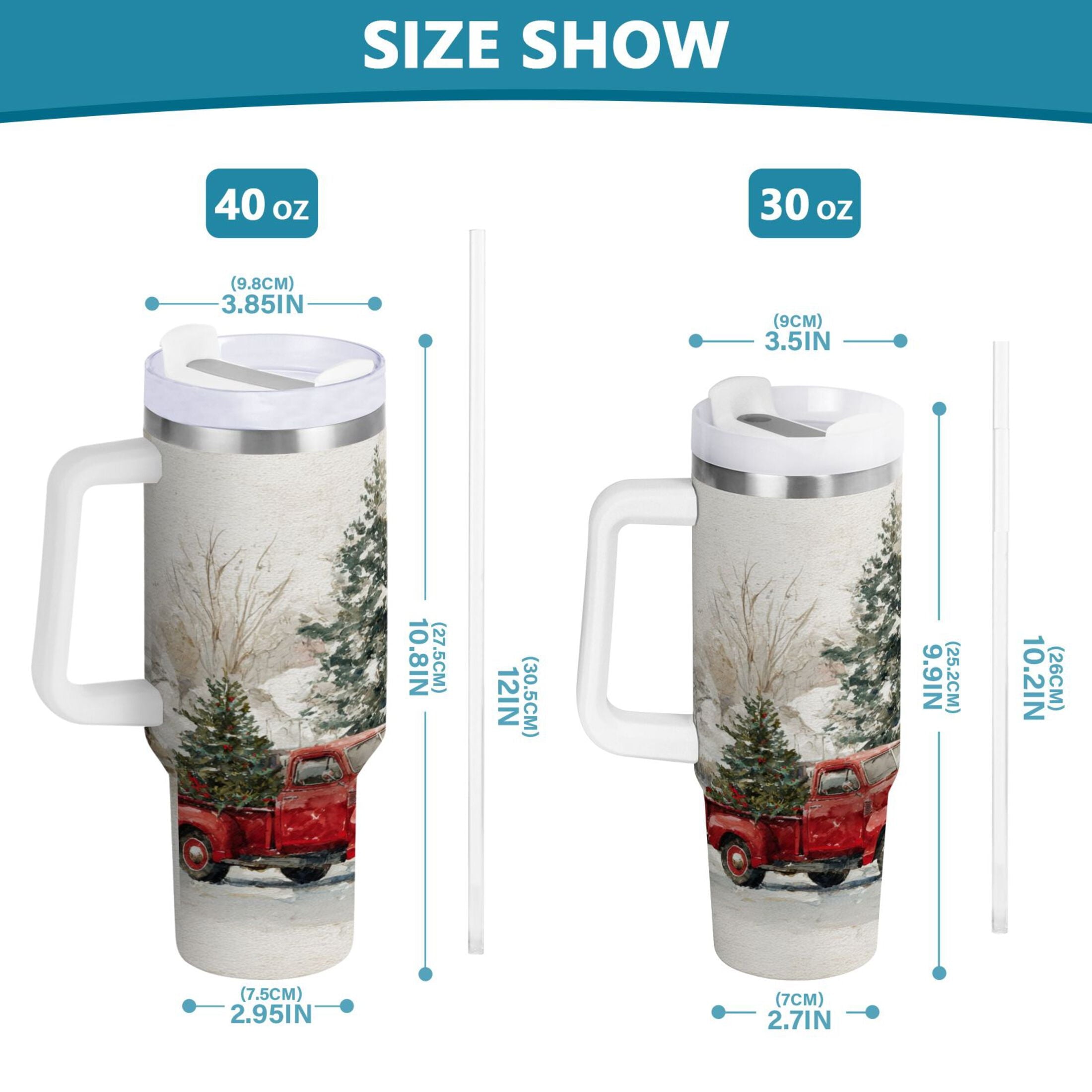 30 oz Insulated Stainless Steel Tumbler Double Wall Stainless Steel Tumbler with 2-Way Drinking Truck with Christmas Decorations M657X