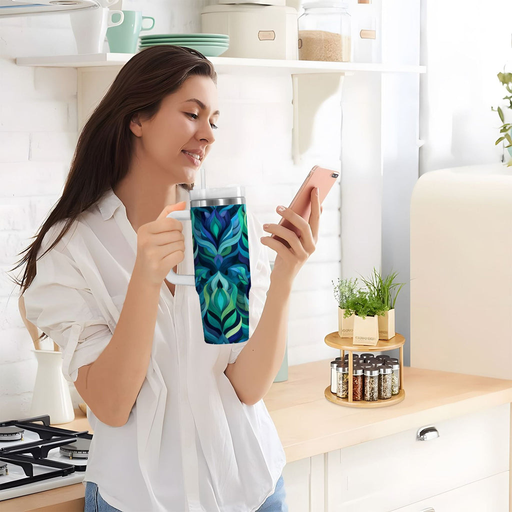 40 oz Insulated Stainless Steel Tumbler Double Wall Stainless Steel Tumbler with 2-Way Drinking Elegant Blue Abstract Shapes M609R